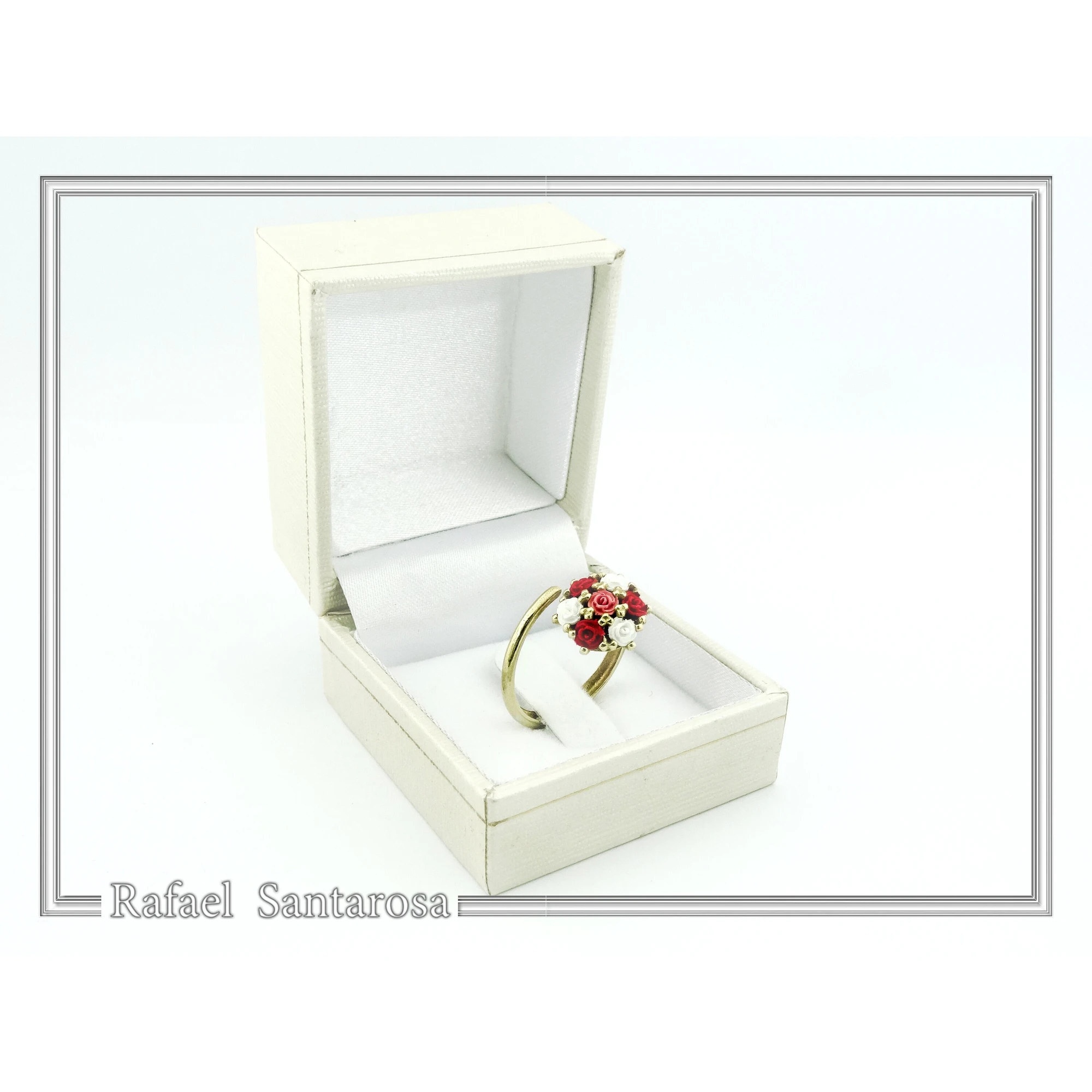 Red & White Roses Alabaster Gems Bouquet Adjustable Floral Statement Ring: 18k Gold Filled Silver — additional product image 9 from Rafael Santarosa Fine Jewelry