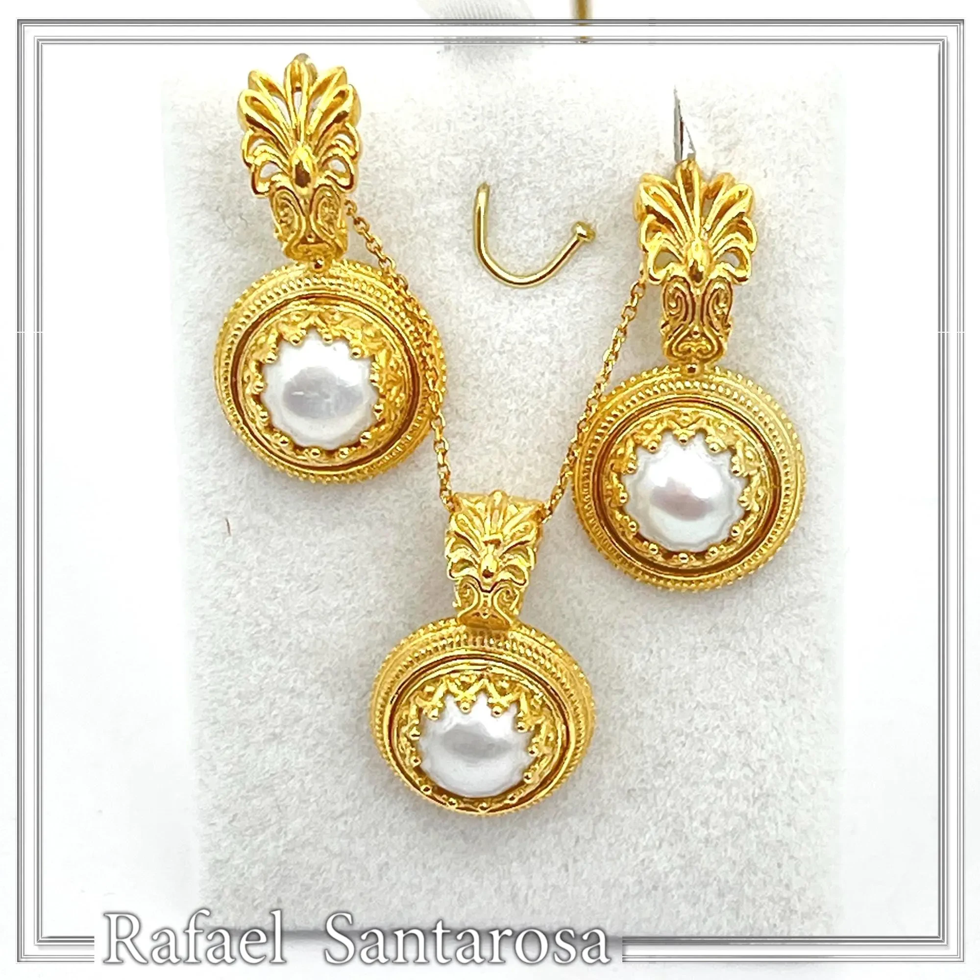 Ancient Greek Antefix Pearl Earrings: Sterling Silver 18K Gold-Filled Filigree jewelry — additional product image 8 from Rafael Santarosa Fine Jewelry