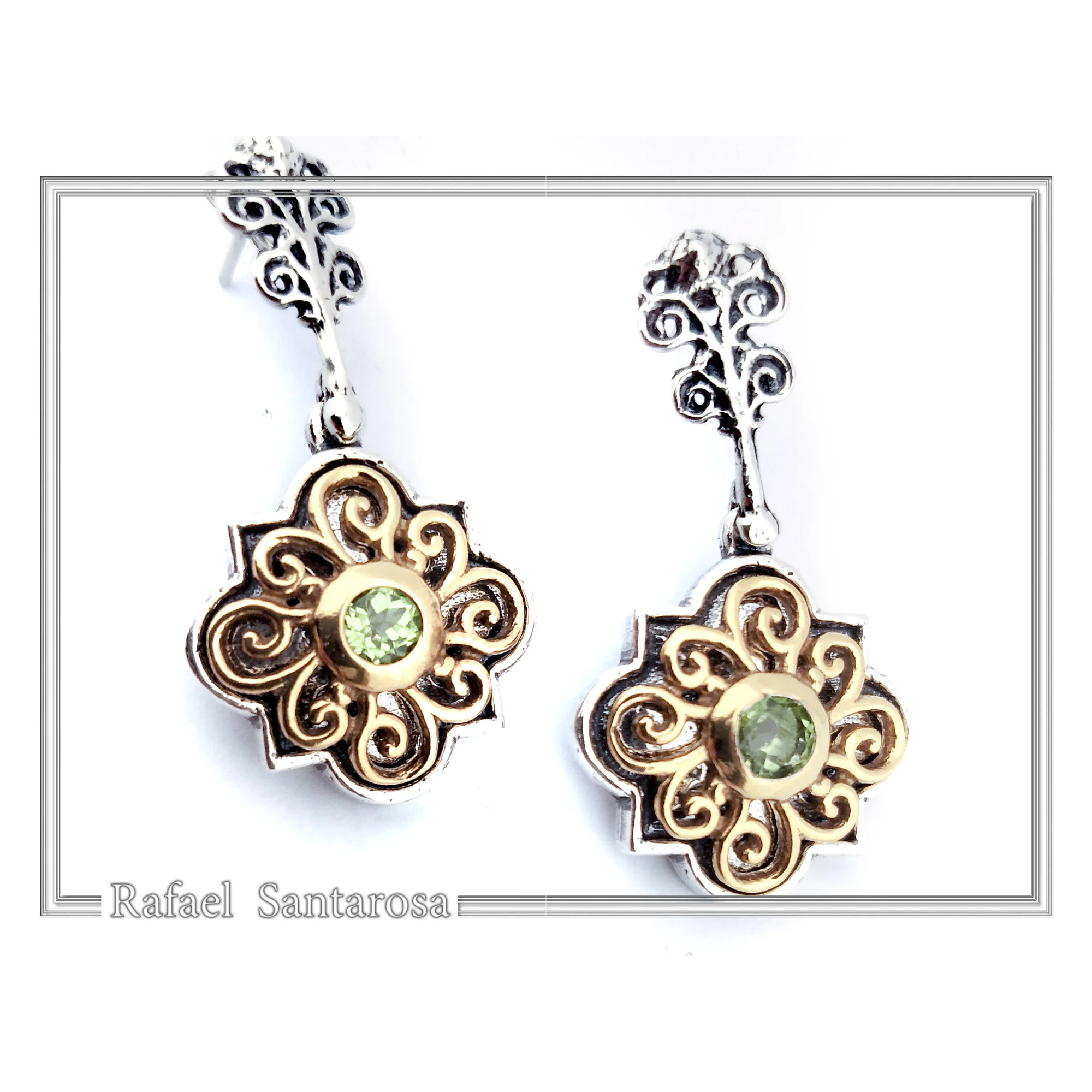 Byzantine Genuine Gemstones Silver Earrings: 18K Gold Filled Filigree on oxidised silver base — additional product image 2 from Rafael Santarosa Fine Jewelry