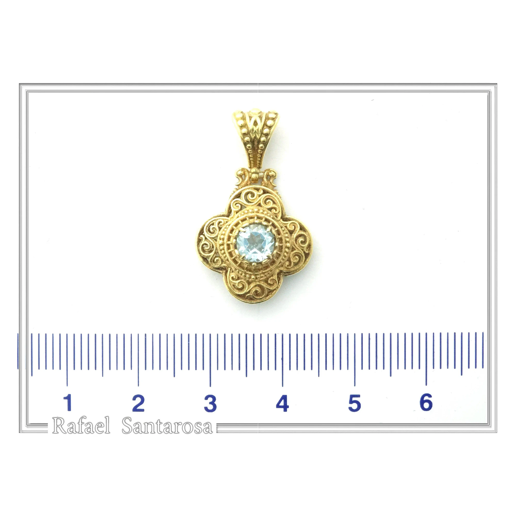 18K Solid Yellow Gold Byzantine Cross Filigree Pendant: Natural Sky-Blue Topaz Handmade Necklace — additional product image 9 from Rafael Santarosa Fine Jewelry
