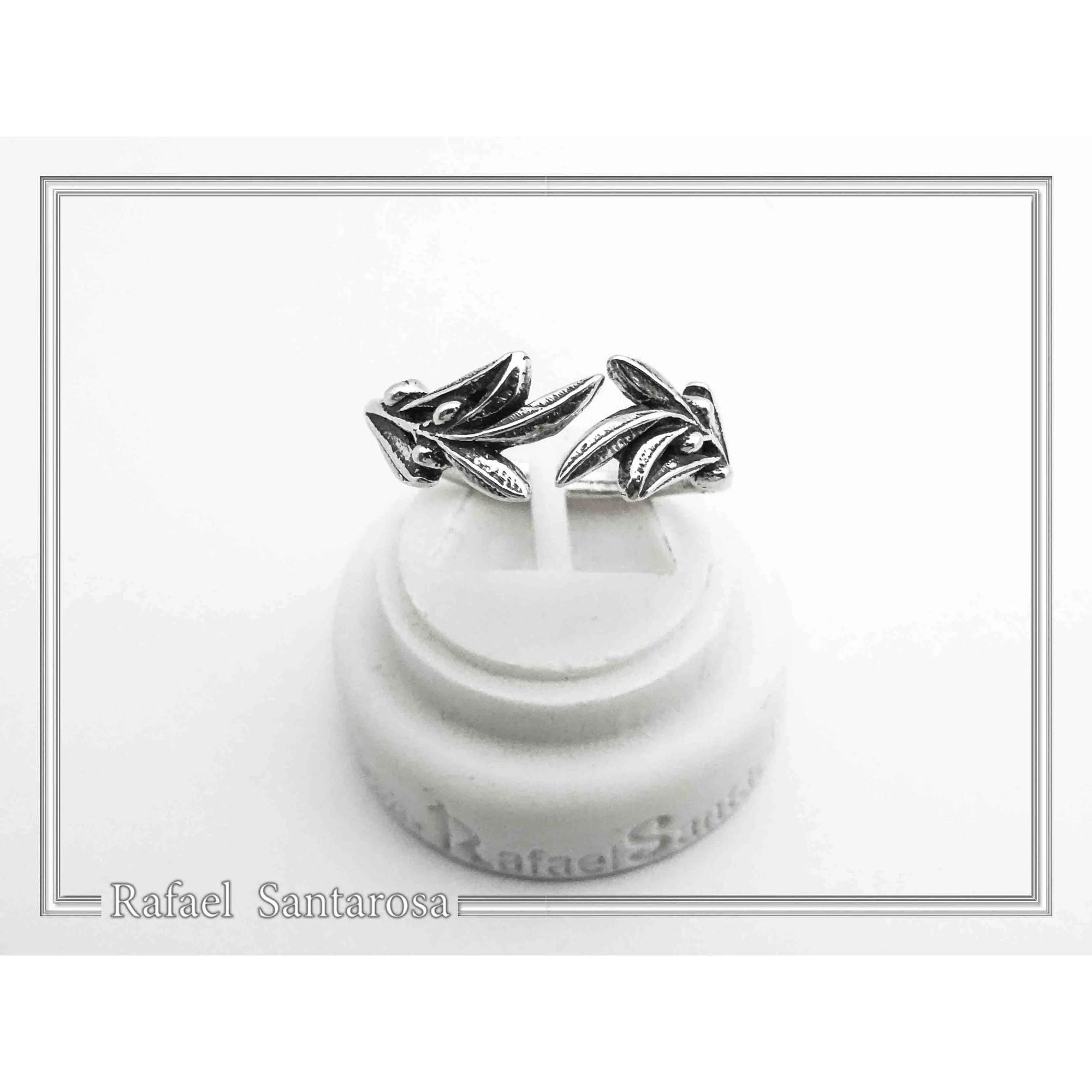 Oxidized Sterling Silver Olive Branch Adjustable Ring: Floral Jewelry Greek Mythology Peace Symbol — additional product image 4 from Rafael Santarosa Fine Jewelry