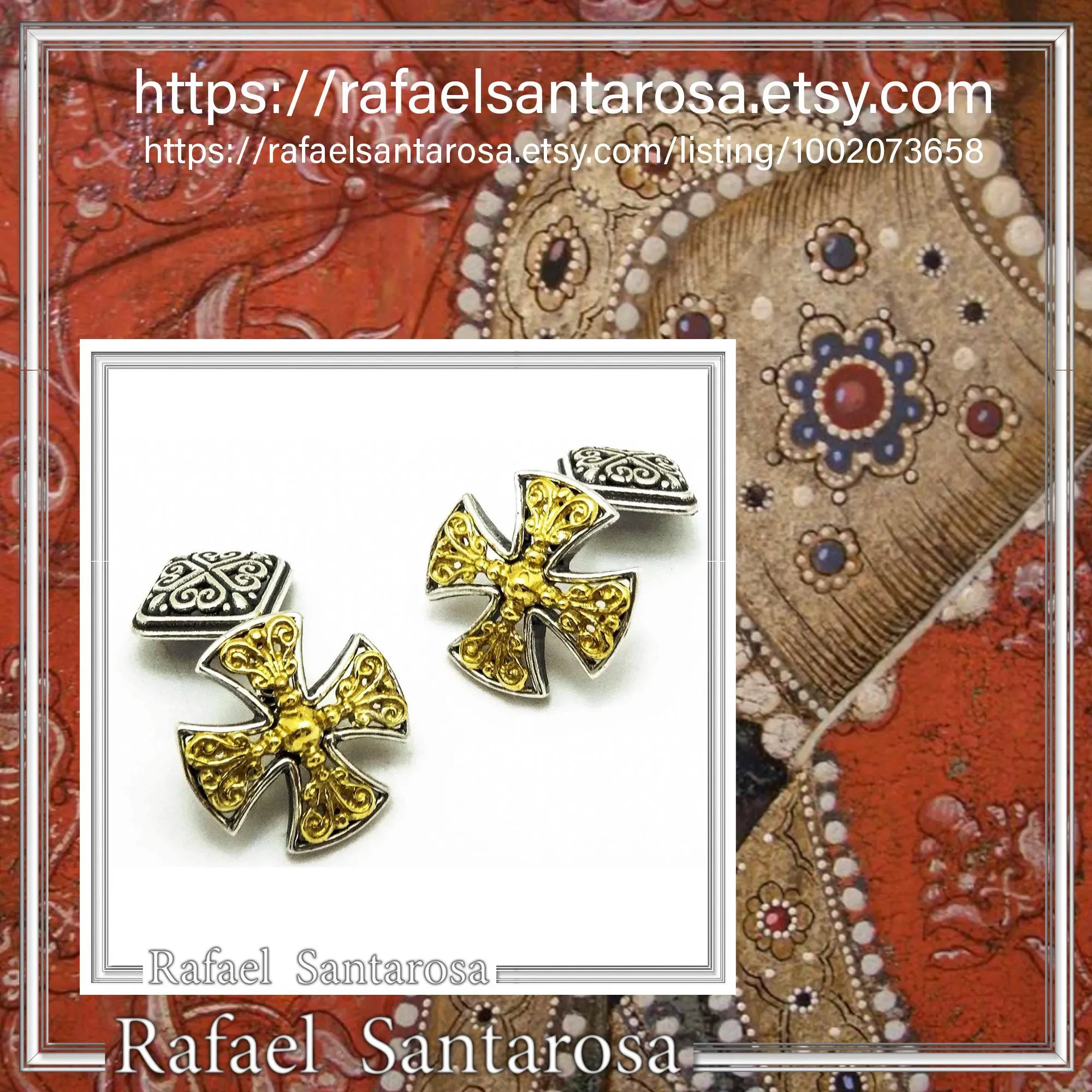 Byzantine Religious Cross Cufflinks: Oxidized & 18k Gold Filled Filigree Sterling Silver Christian cufflinks — additional product image 10 from Rafael Santarosa Fine Jewelry