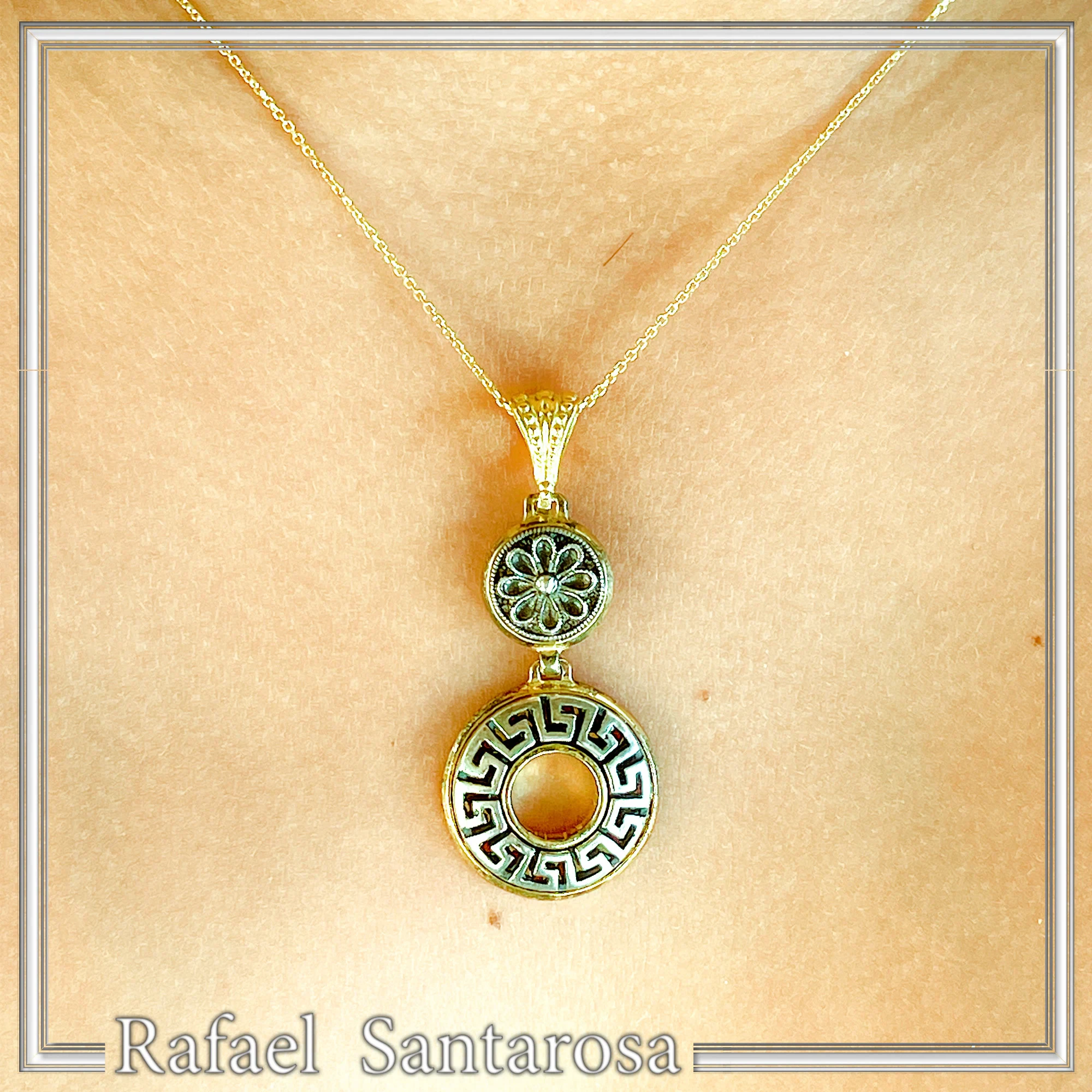 Greek Key & Greek Flower Dangle Necklace: Oxidized Sterling Silver Meander in 18K Gold-Filled Base — additional product image 5 from Rafael Santarosa Fine Jewelry