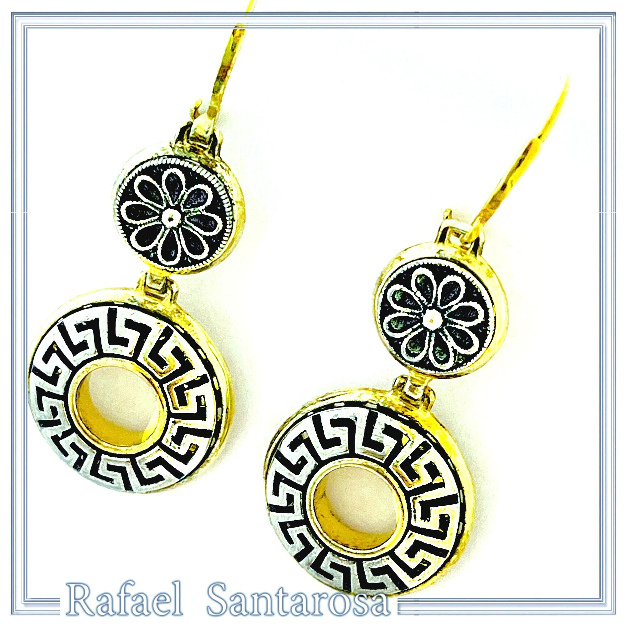 Greek Key and Greek flower Museum Earrings: 18K Gold Filled & Oxidized Sterling Silver — additional product image 2 from Rafael Santarosa Fine Jewelry