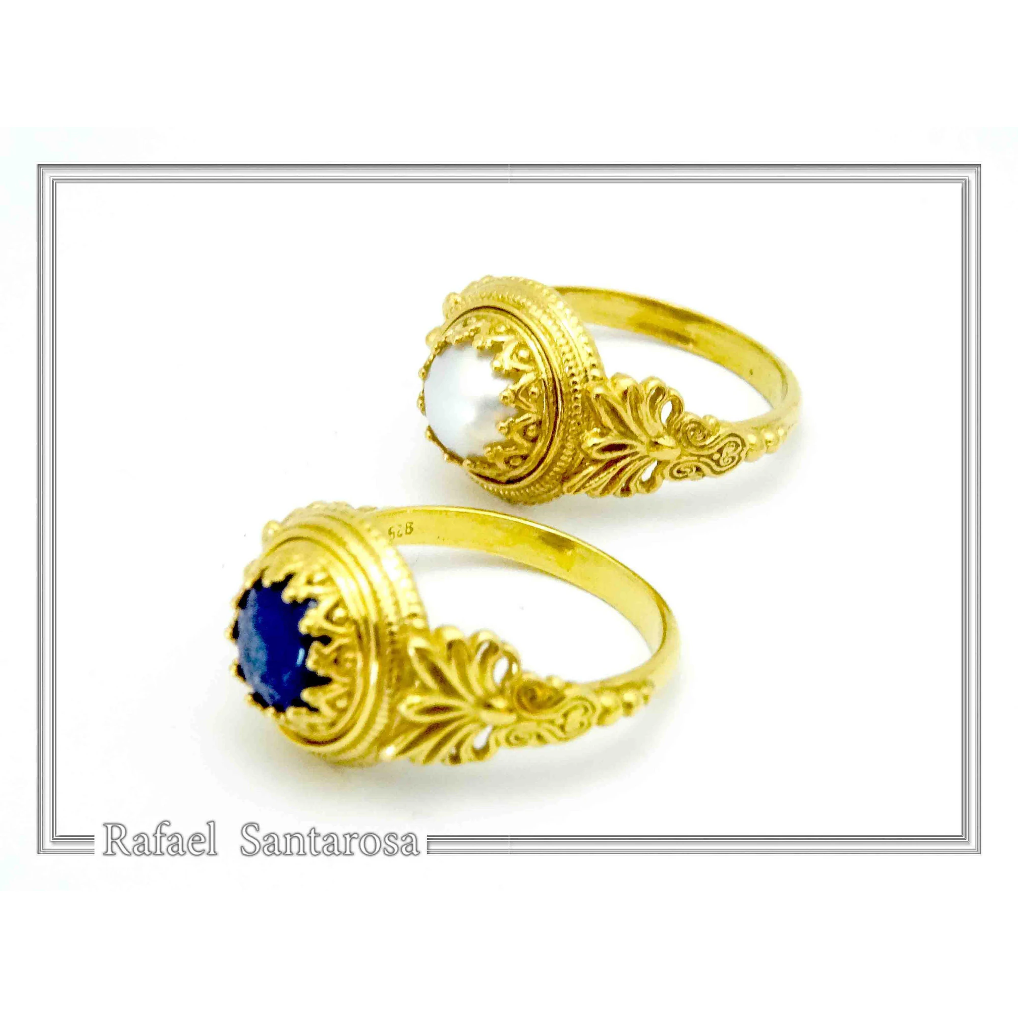 Natural Lapis Lazuli Greek Museum Ring: Handmade Filigree antefix 18K Gold-Filled Sterling Silver — additional product image 4 from Rafael Santarosa Fine Jewelry