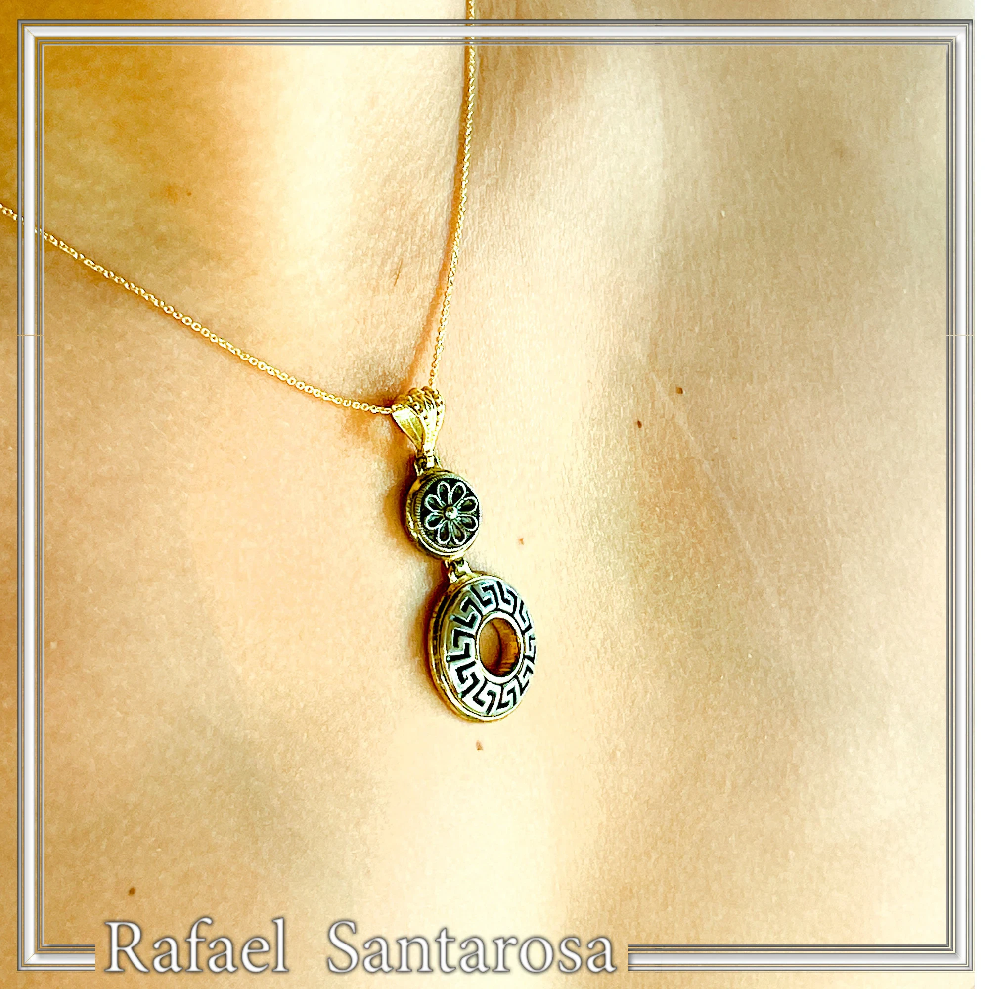 Greek Key & Greek Flower Dangle Necklace: Oxidized Sterling Silver Meander in 18K Gold-Filled Base — additional product image 7 from Rafael Santarosa Fine Jewelry