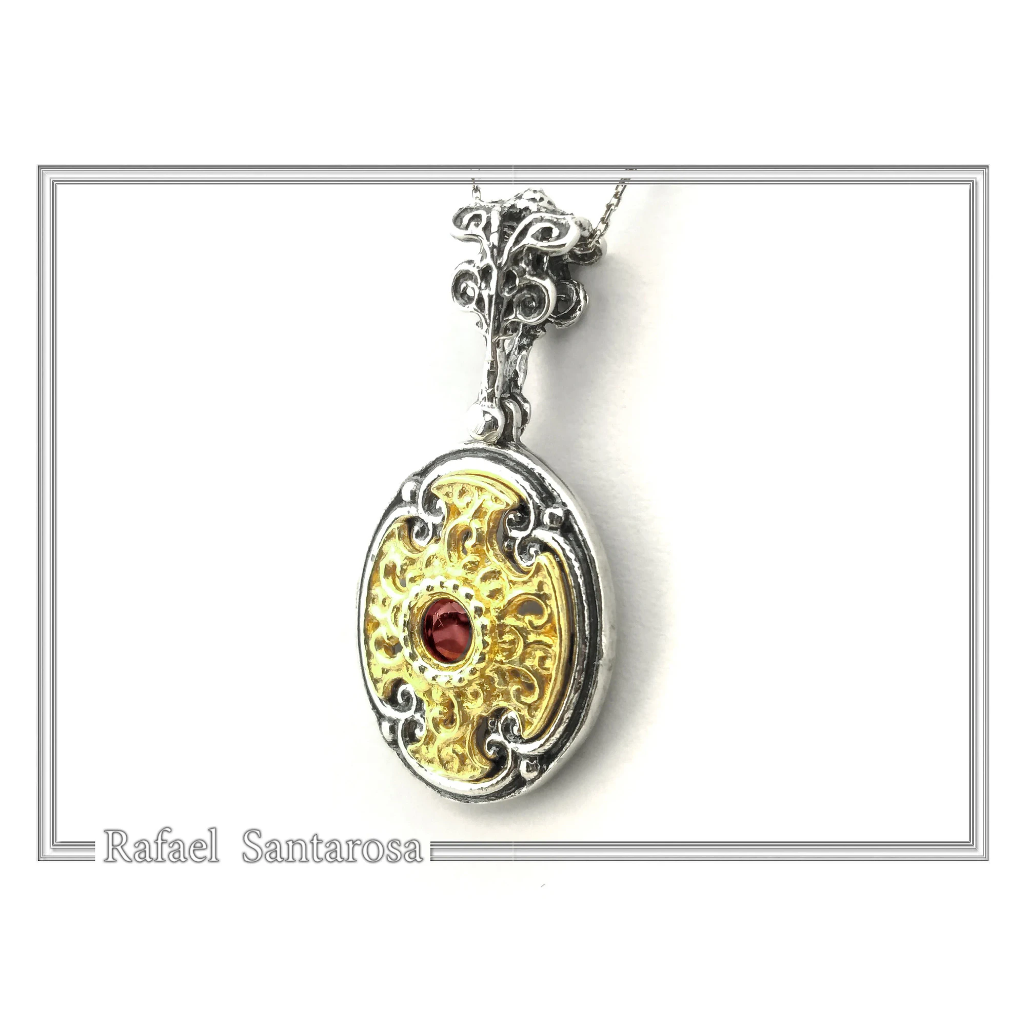 Byzantine Cross Shaped Natural Red Garnet Filigree Necklace: 18K Gold filled and oxidised Silver — additional product image 2 from Rafael Santarosa Fine Jewelry