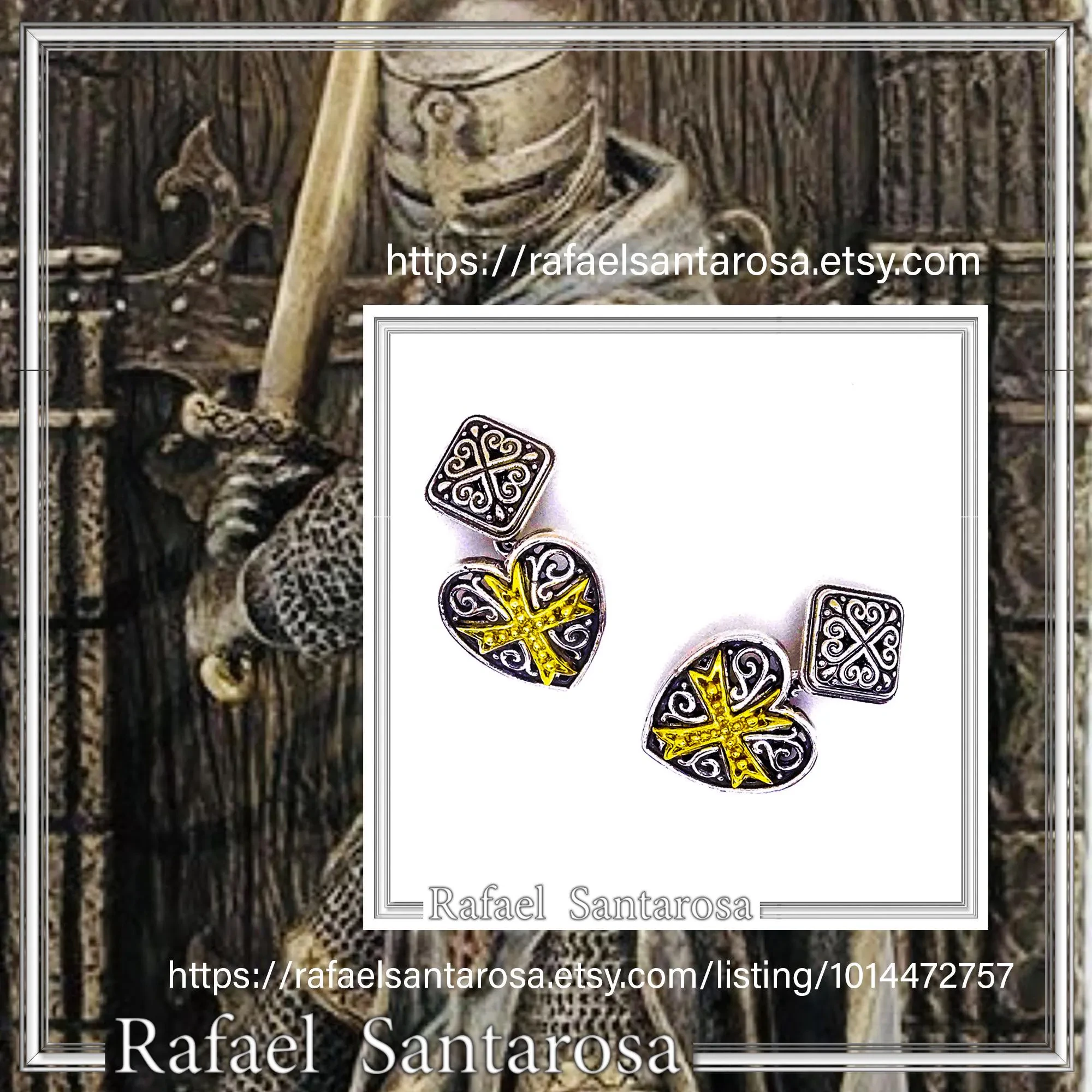 Knights Holy Herat Maltese Cross Cufflinks: Oxidized Sterling Silver, 18k Gold-Filled Byzantine Decoration — additional product image 10 from Rafael Santarosa Fine Jewelry