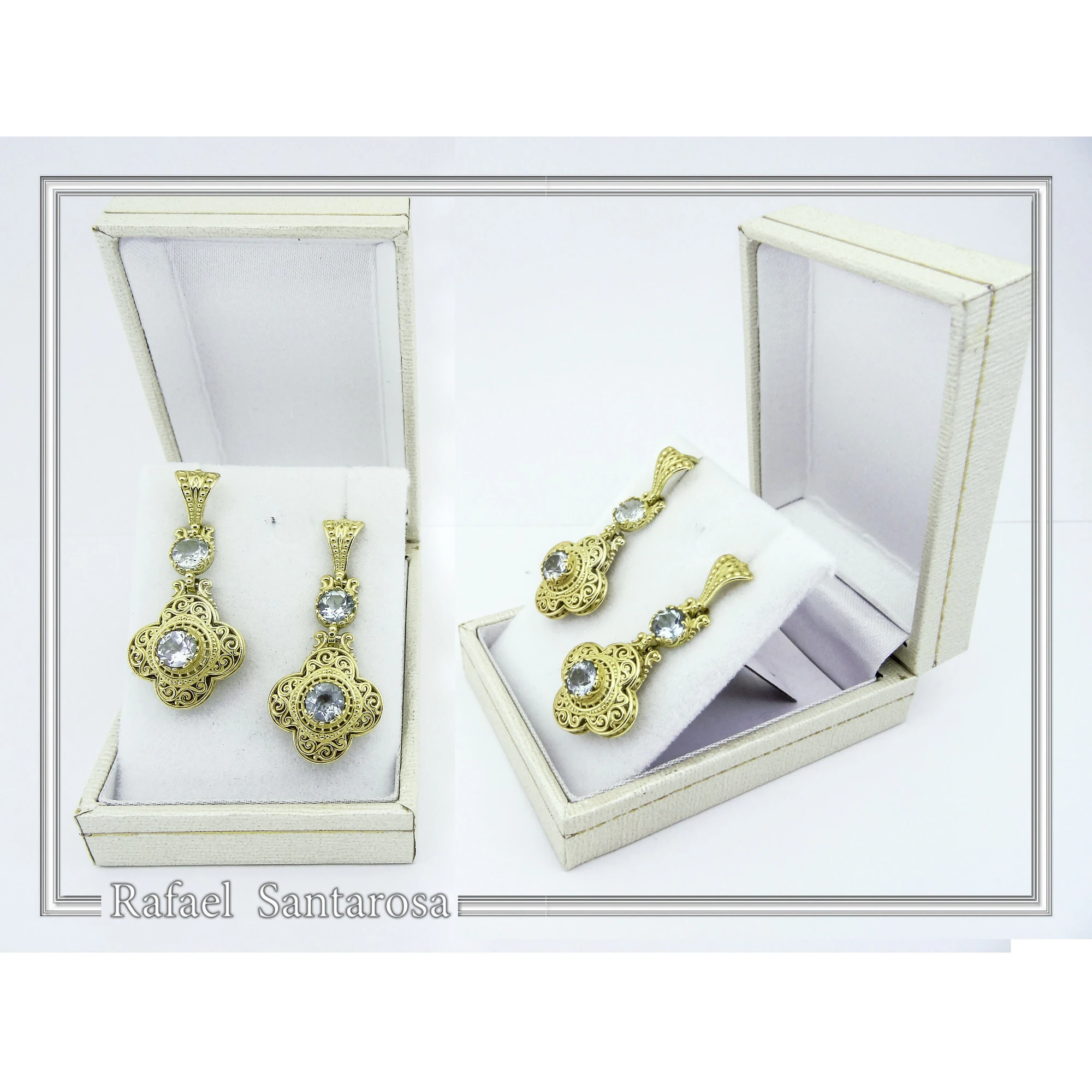 Byzantine Filigree Drop Earrings: Sterling Silver 18K Gold-Filled, Natural Topaz — additional product image 10 from Rafael Santarosa Fine Jewelry