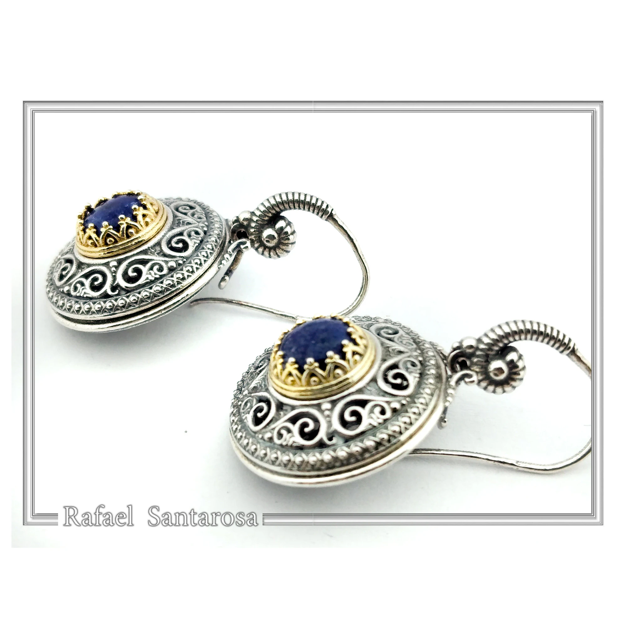 Lapis Lazuli Earrings Byzantine Ornaments Decorated with Filigree Bezel: Oxidized and Gold-Filled Sterling Silver — additional product image 4 from Rafael Santarosa Fine Jewelry
