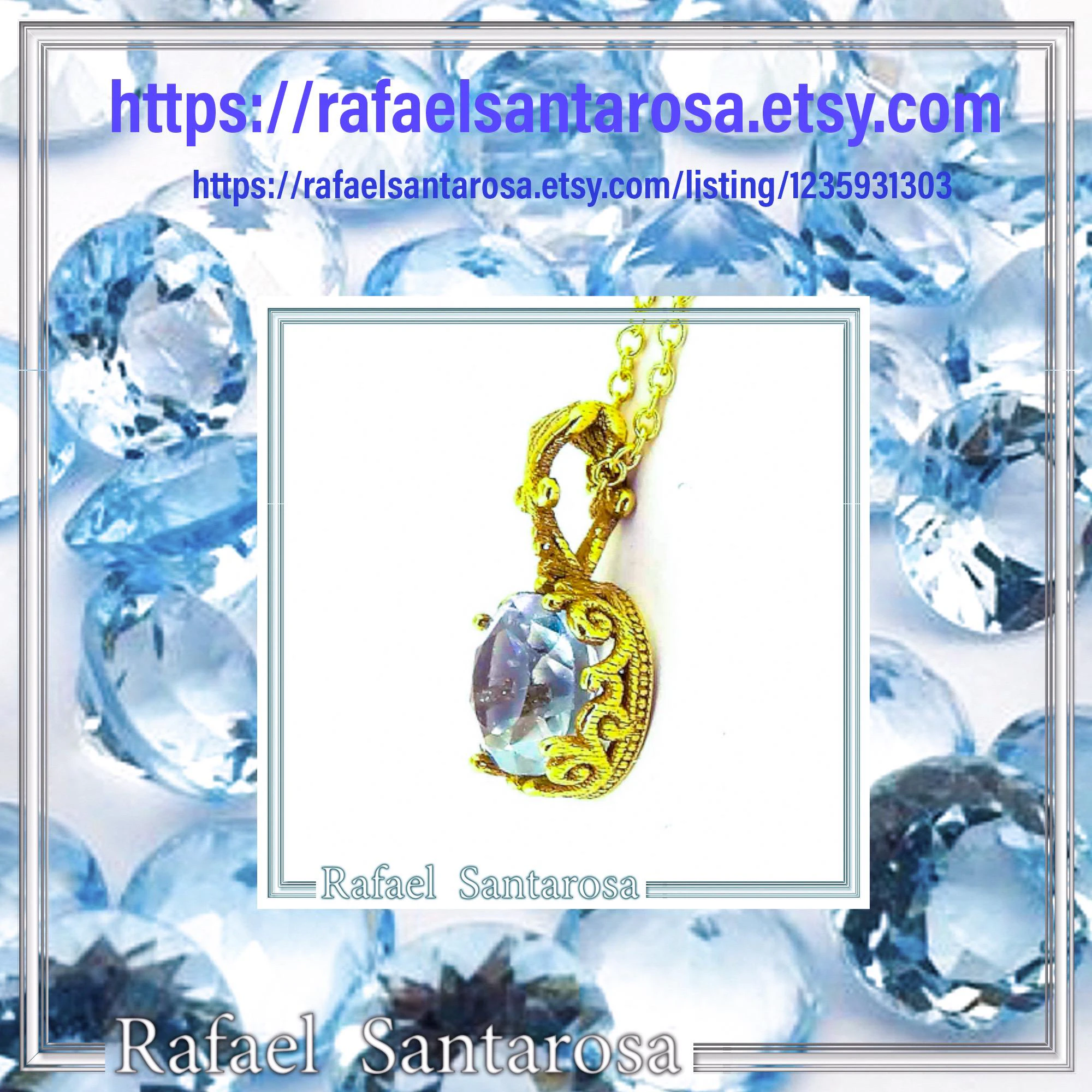 18K solid Gold Filigree delicate Byzantine Pendant: Sky Blue Topaz Filigree Charm — additional product image 10 from Rafael Santarosa Fine Jewelry