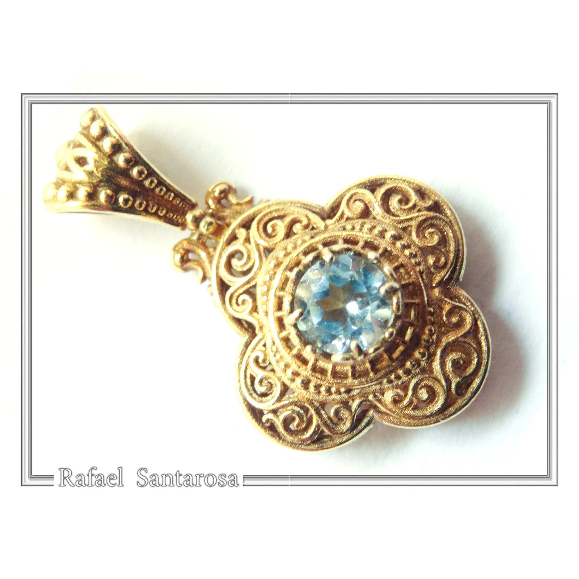 18K Solid Yellow Gold Byzantine Cross Filigree Pendant: Natural Sky-Blue Topaz Handmade Necklace — additional product image 6 from Rafael Santarosa Fine Jewelry
