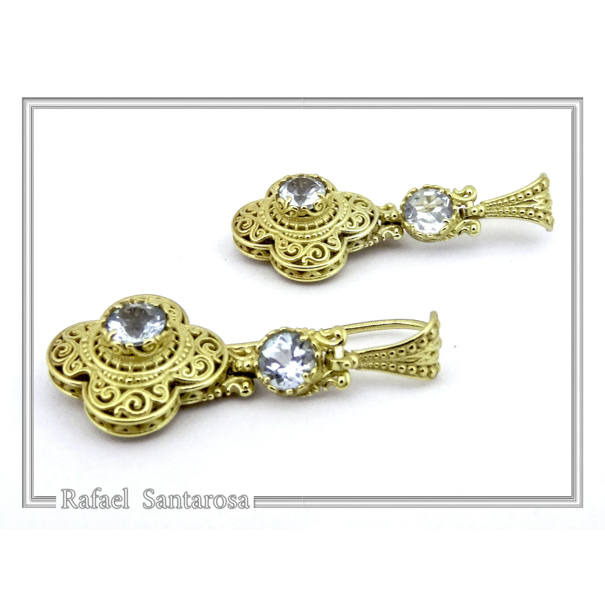 Byzantine Filigree Drop Earrings: Sterling Silver 18K Gold-Filled, Natural Topaz — additional product image 4 from Rafael Santarosa Fine Jewelry