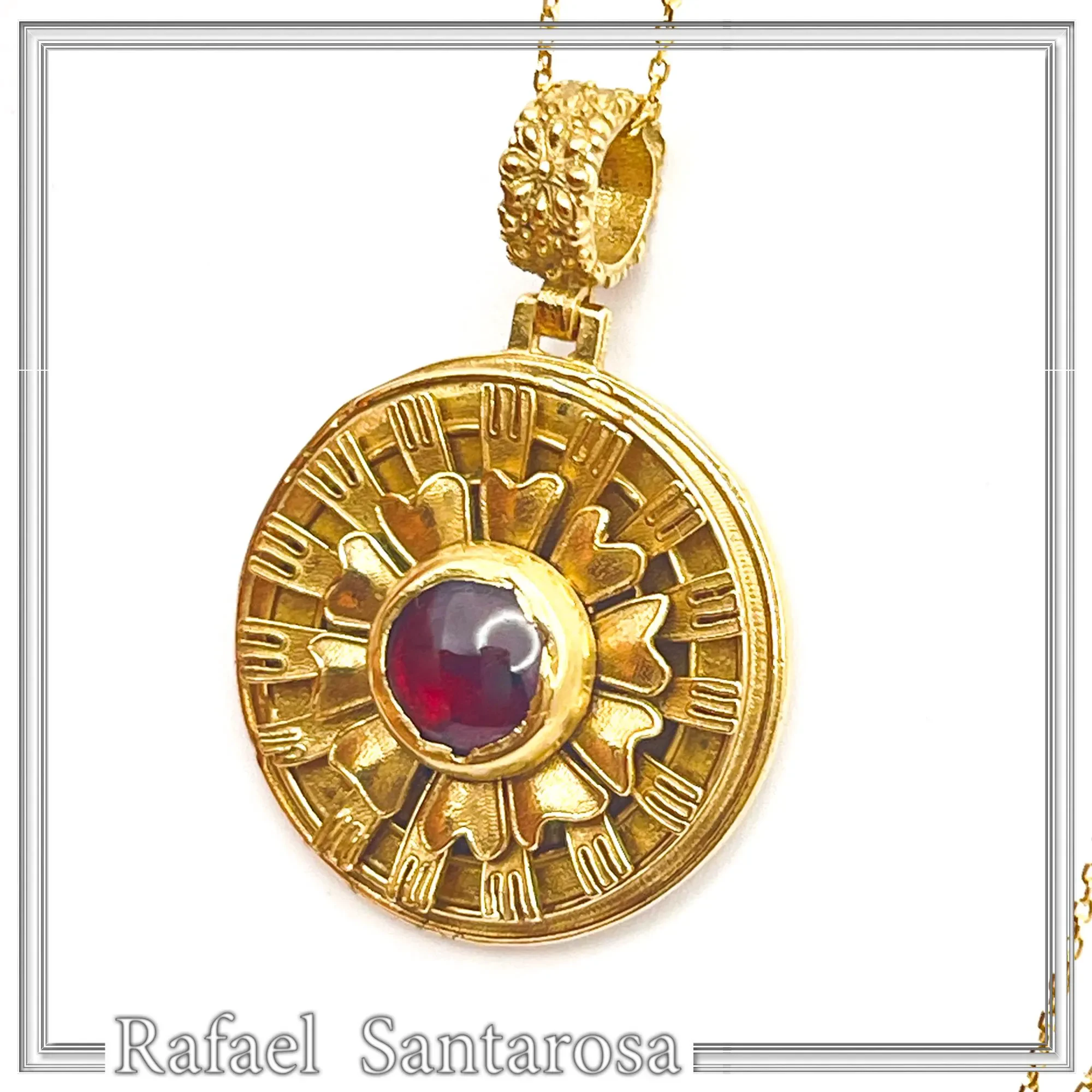 Ancient Greek Flower Museum Replica Pendant, Sterling Silver 18K Gold Filled Natural Garnet Necklace — additional product image 6 from Rafael Santarosa Fine Jewelry