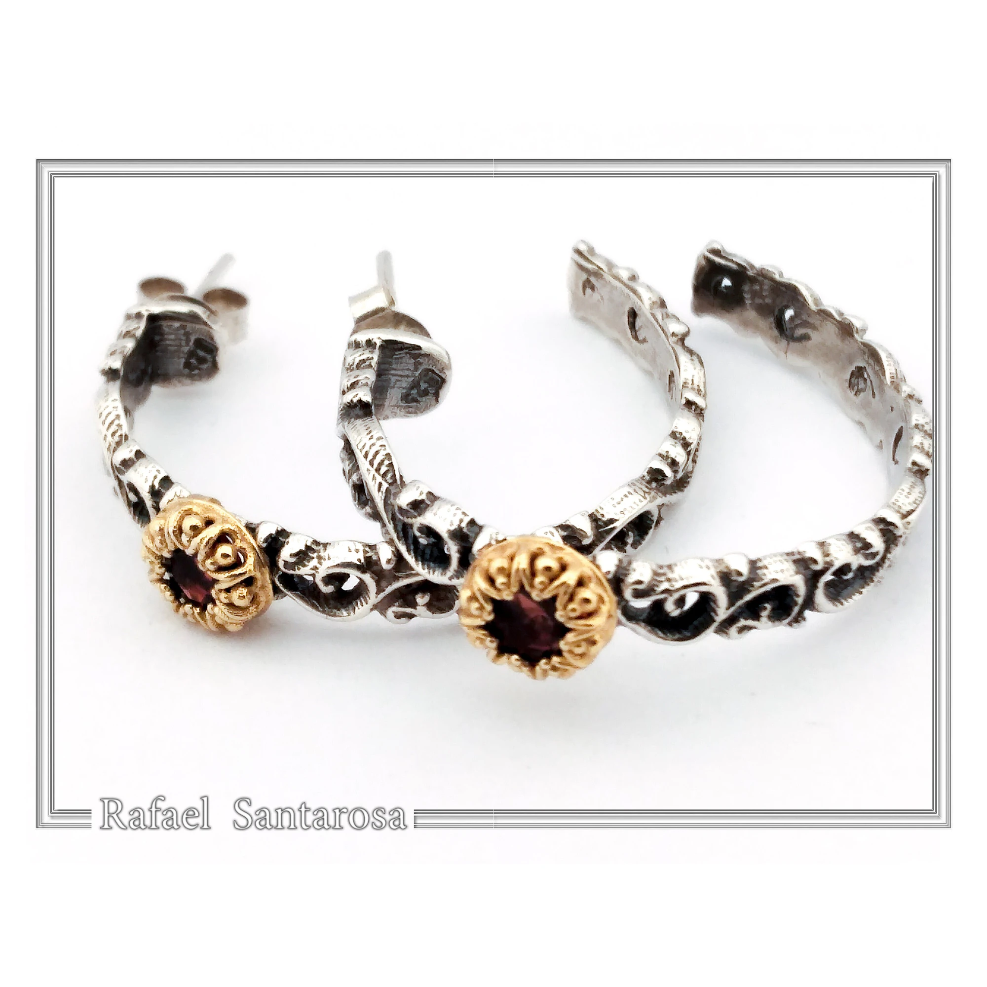 Natural Red Garnet Byzantine sculpture decorated Hoop Earrings: Oxidized & 18K Gold Filled Sterling Silver — additional product image 6 from Rafael Santarosa Fine Jewelry