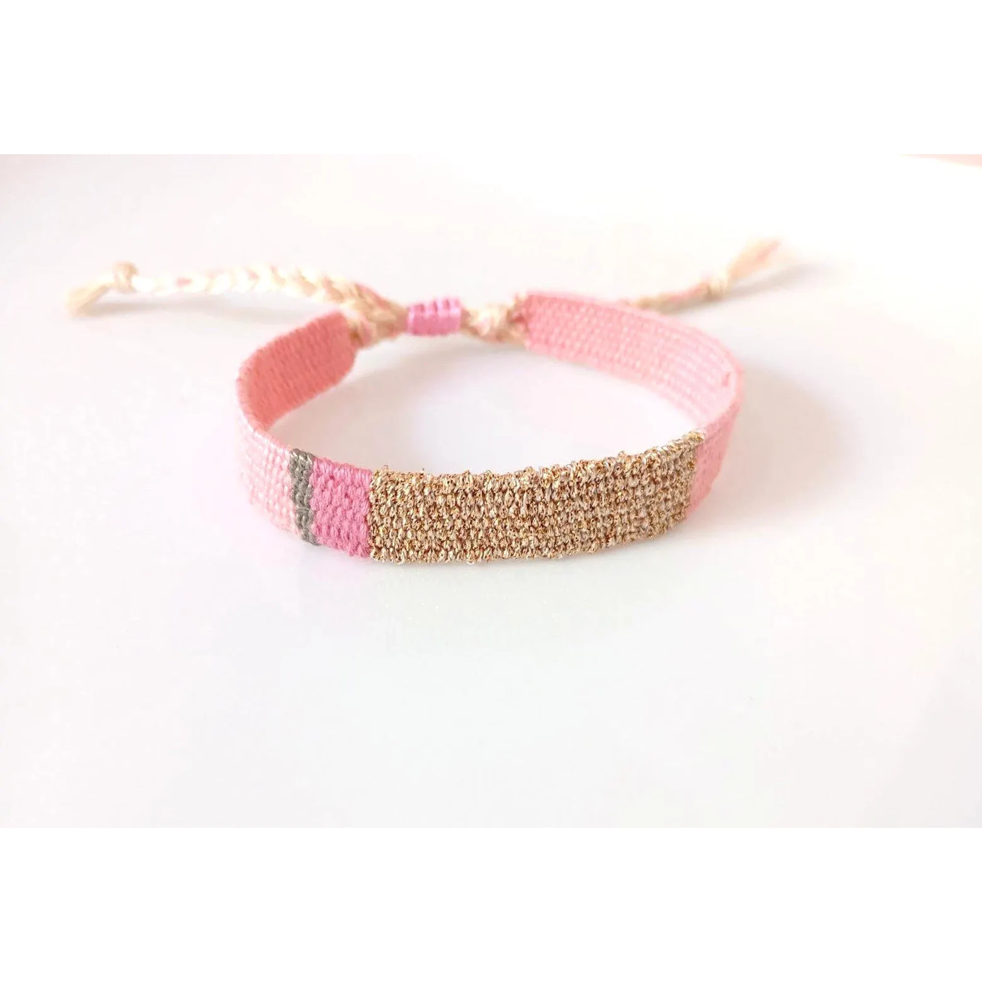 Handwoven Pink Gold Bracelet: Weaving Boho Textile Jewelry