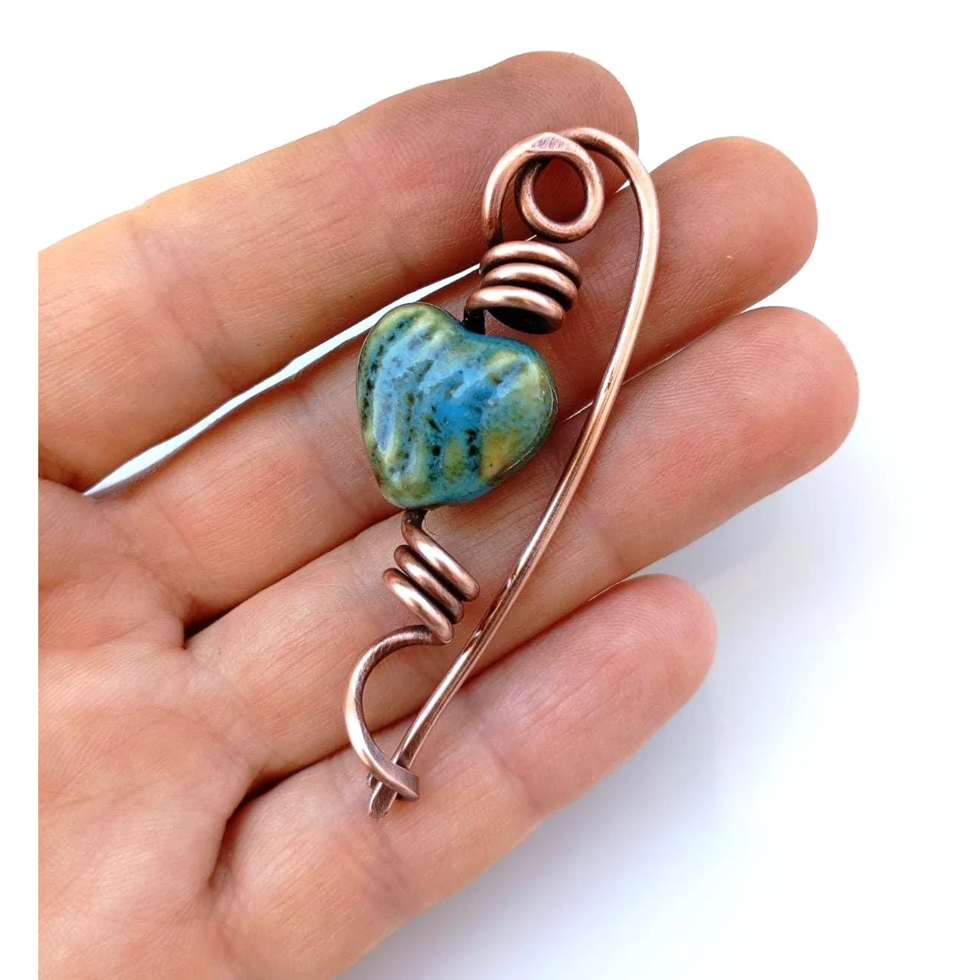 Copper Heart Brooch, Ceramic Cardigan Clip, Handmade Sweater Pin, Scarf Fastener, Rustic Jewelry