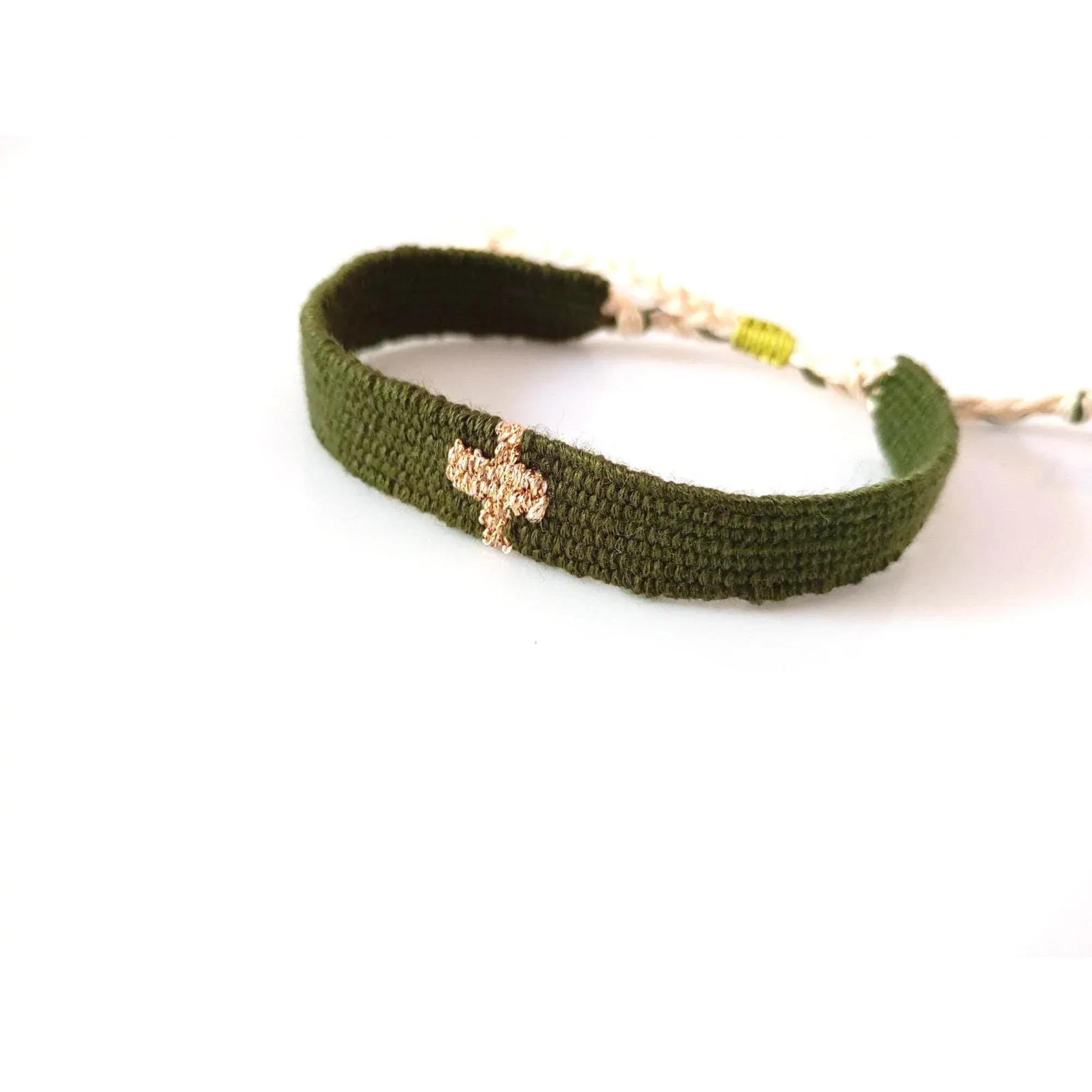 Olive Green Cross Bracelet, Handwoven Textile Jewelry, Gold & Green Woven Bracelet, Christian Bracelet, Boho Fiber Art, Handmade in Greece