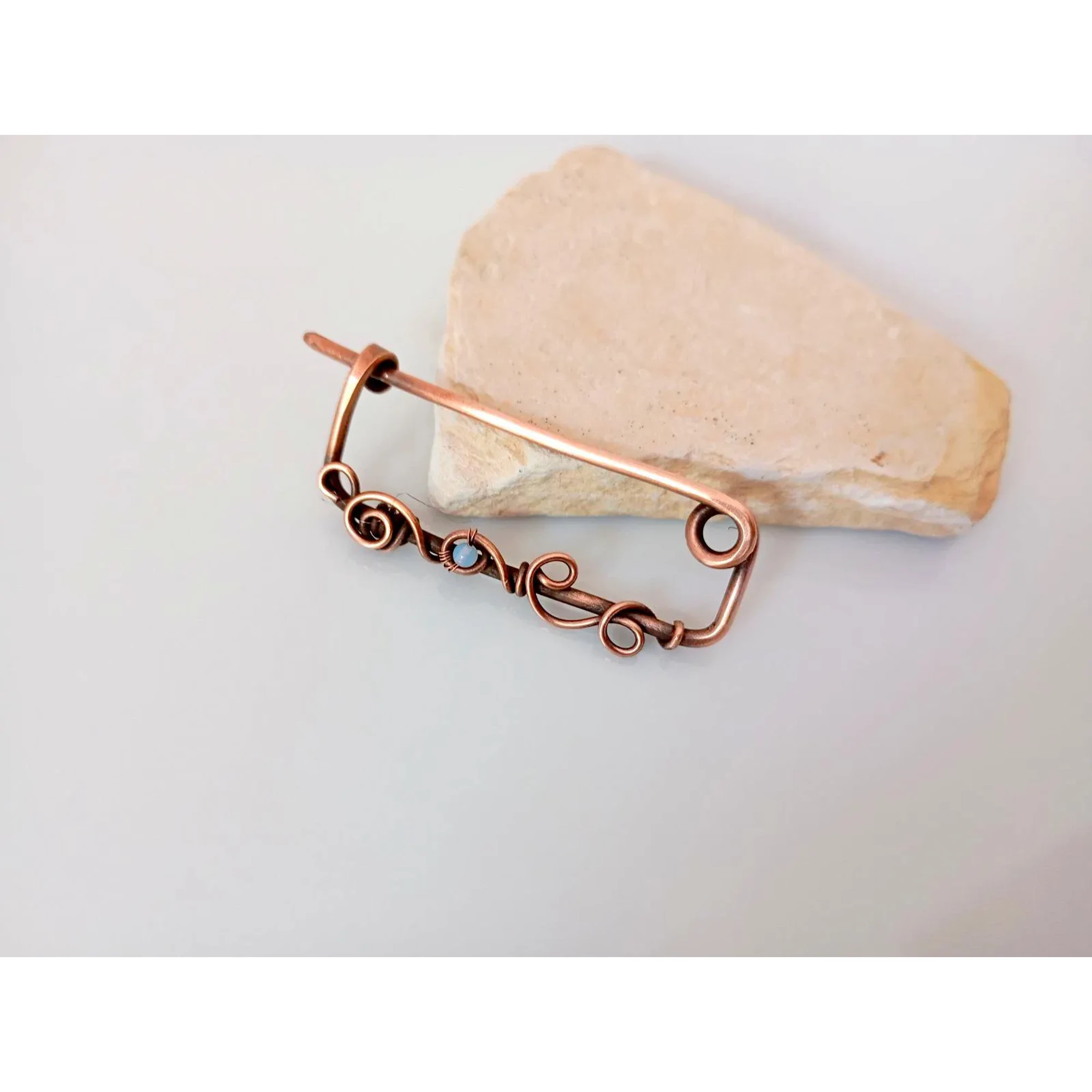 Copper Cardigan Clip with Opalite, Handmade Sweater Pin, Antique Copper Brooch, Shawl Fastener, Scarf Pin, Rustic Clothing Accessory
