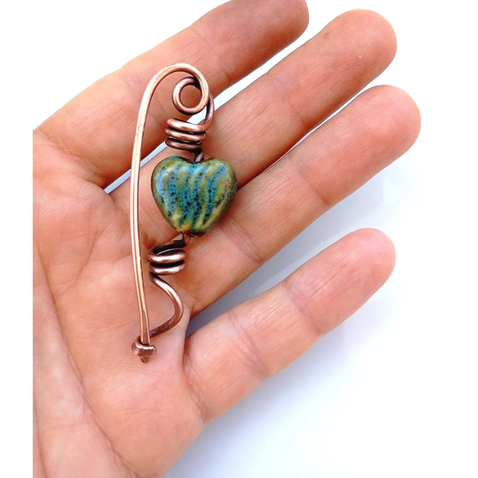 Copper Heart Brooch, Ceramic Cardigan Clip, Handmade Sweater Pin, Scarf Fastener, Rustic Jewelry