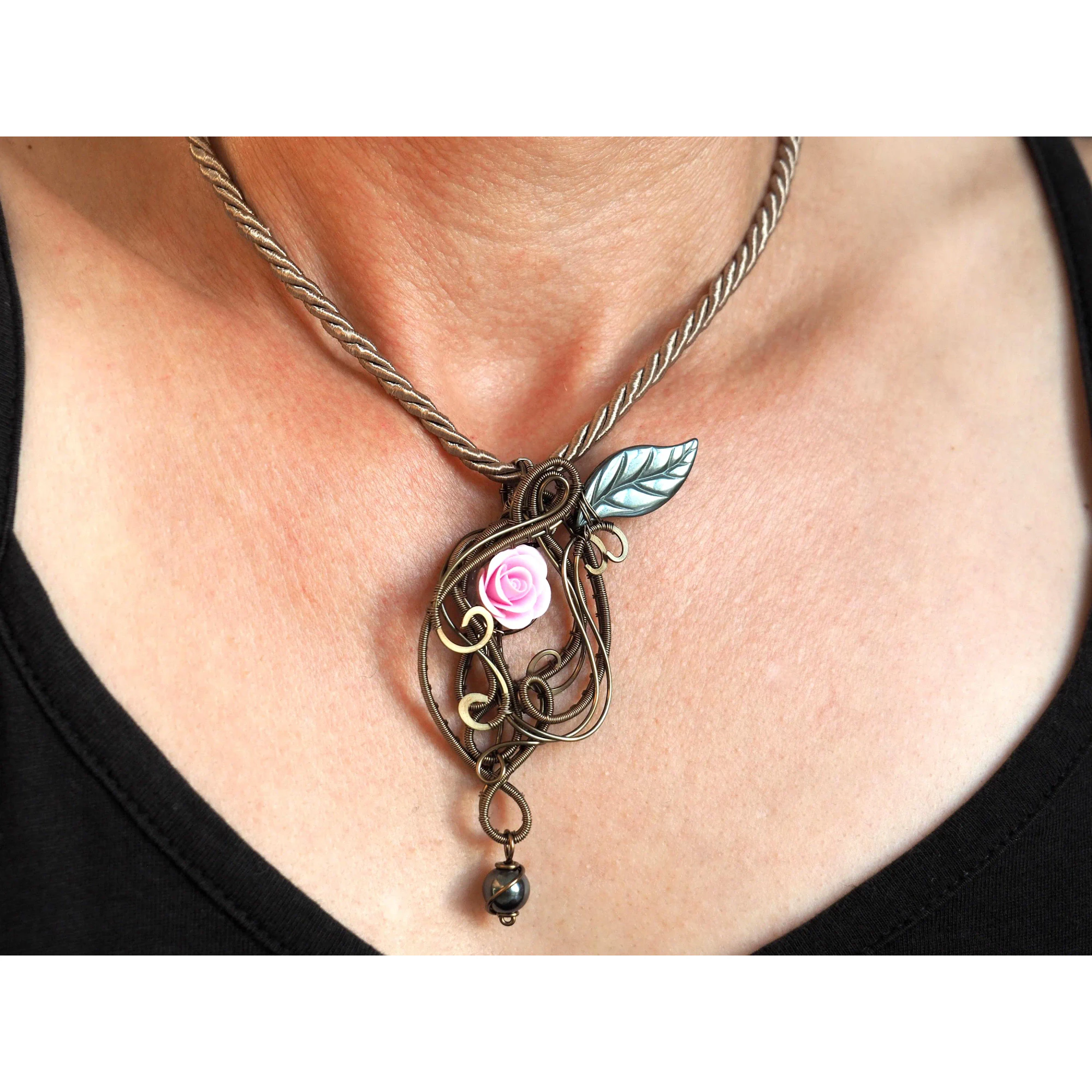Pink Rose Wire Wrapped Pendant, Hematite Necklace, Handmade Floral Jewelry, Romantic Boho Necklace, Bronze Pendant, Botanical Gift for Her