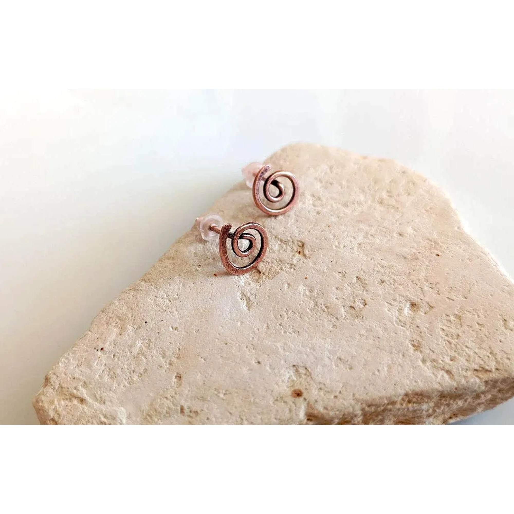 Spiral Copper Stud Earrings, Handmade Copper Jewelry, Minimalist Earrings, Antiqued Copper Earrings, Small Boho Studs, Gift for Her