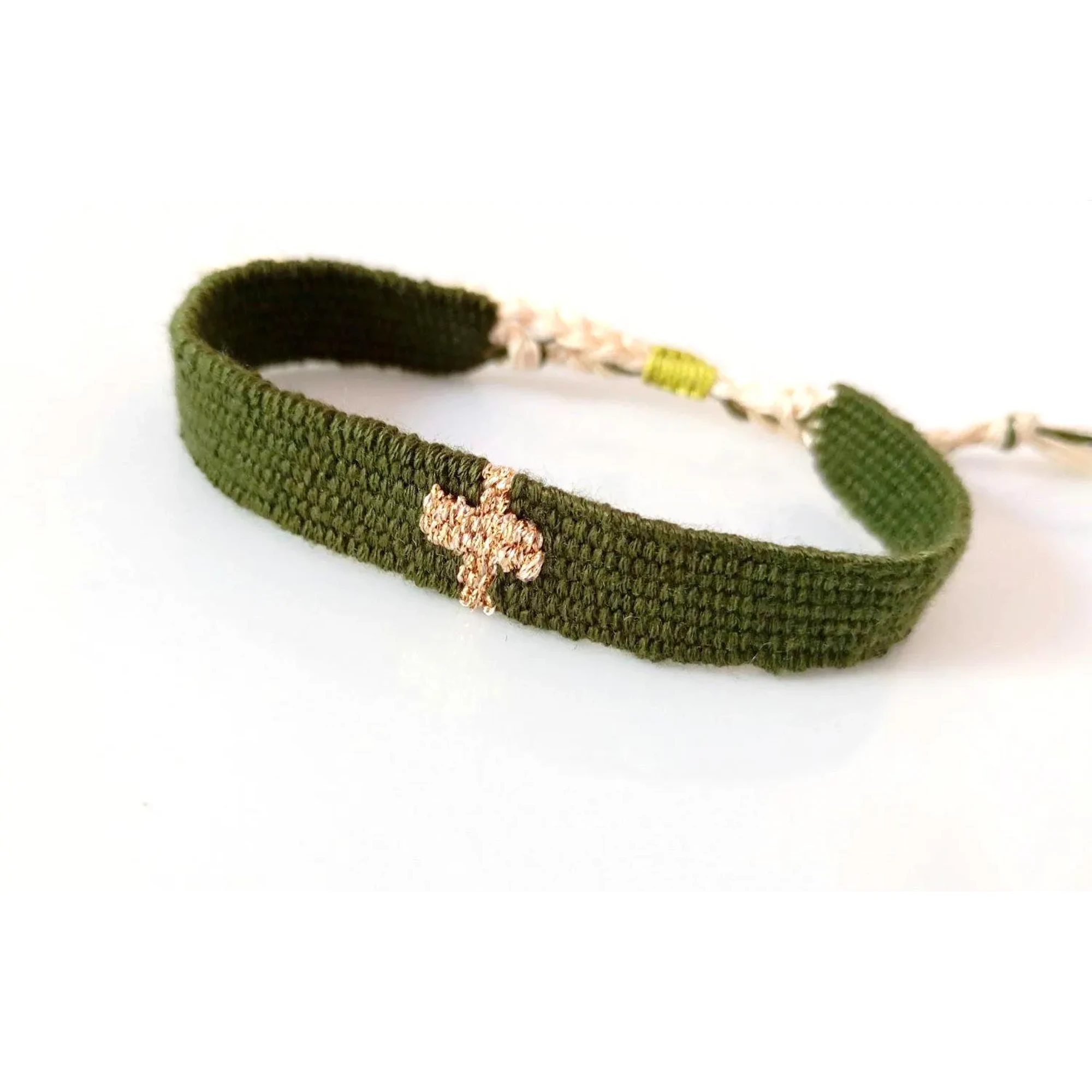 Olive Green Cross Bracelet, Handwoven Textile Jewelry, Gold & Green Woven Bracelet, Christian Bracelet, Boho Fiber Art, Handmade in Greece