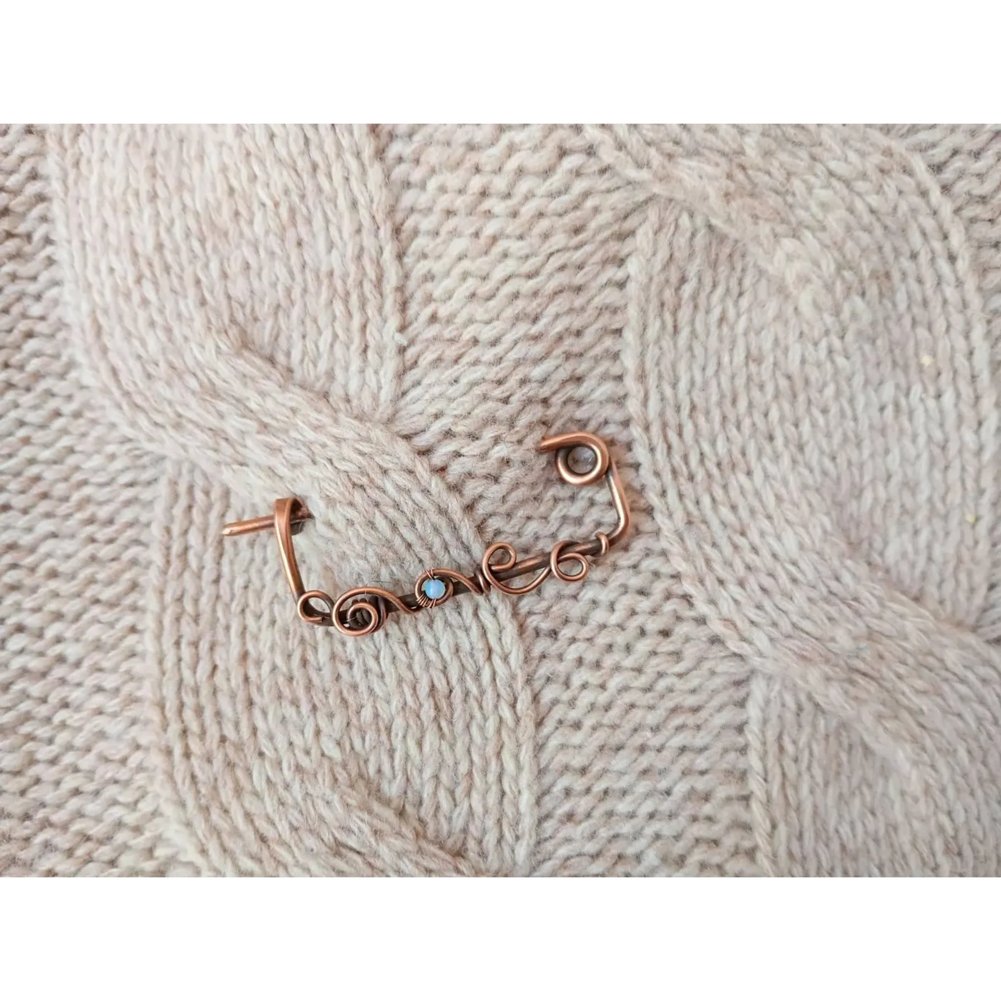 Copper Cardigan Clip with Opalite, Handmade Sweater Pin, Antique Copper Brooch, Shawl Fastener, Scarf Pin, Rustic Clothing Accessory