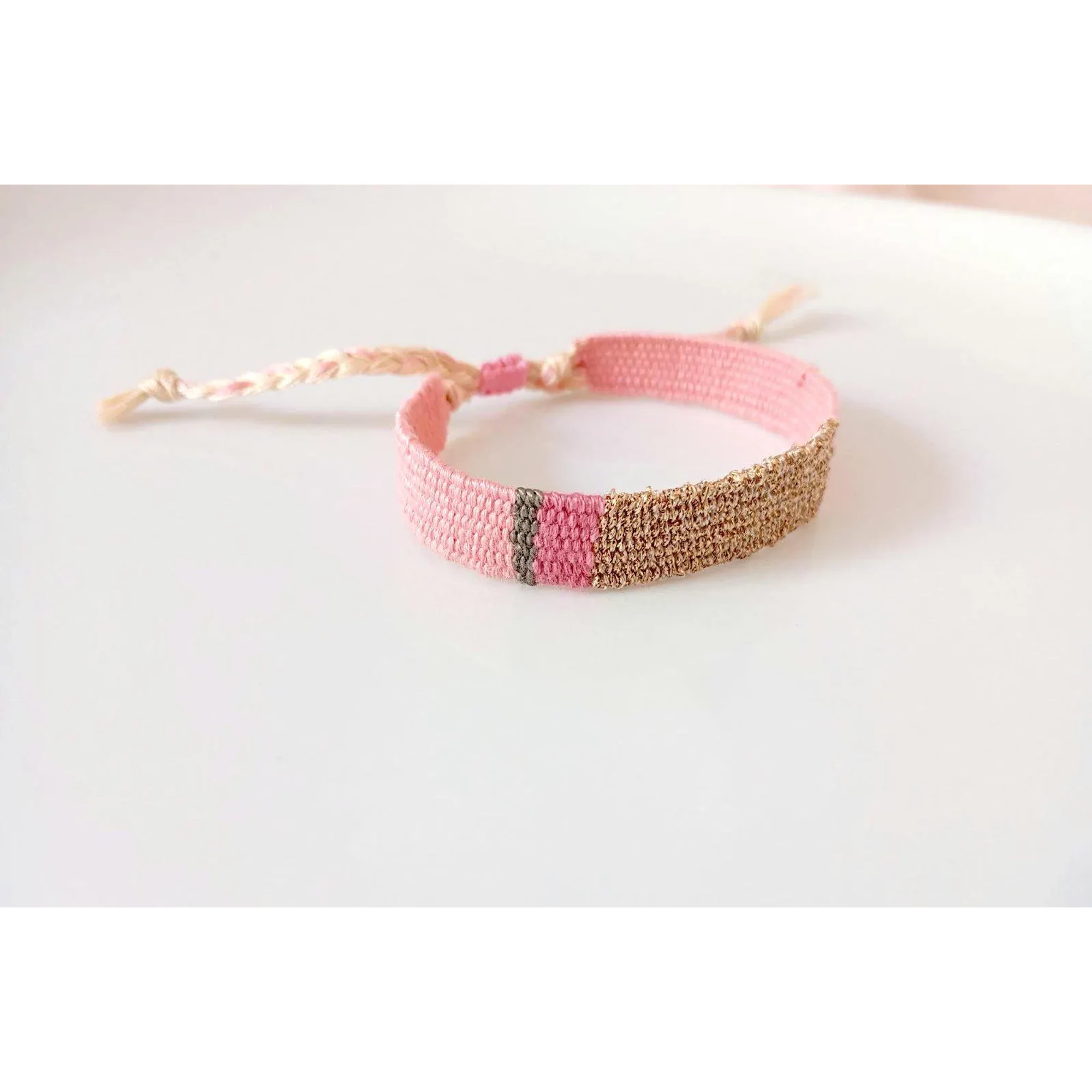 Handwoven Pink Gold Bracelet: Weaving Boho Textile Jewelry