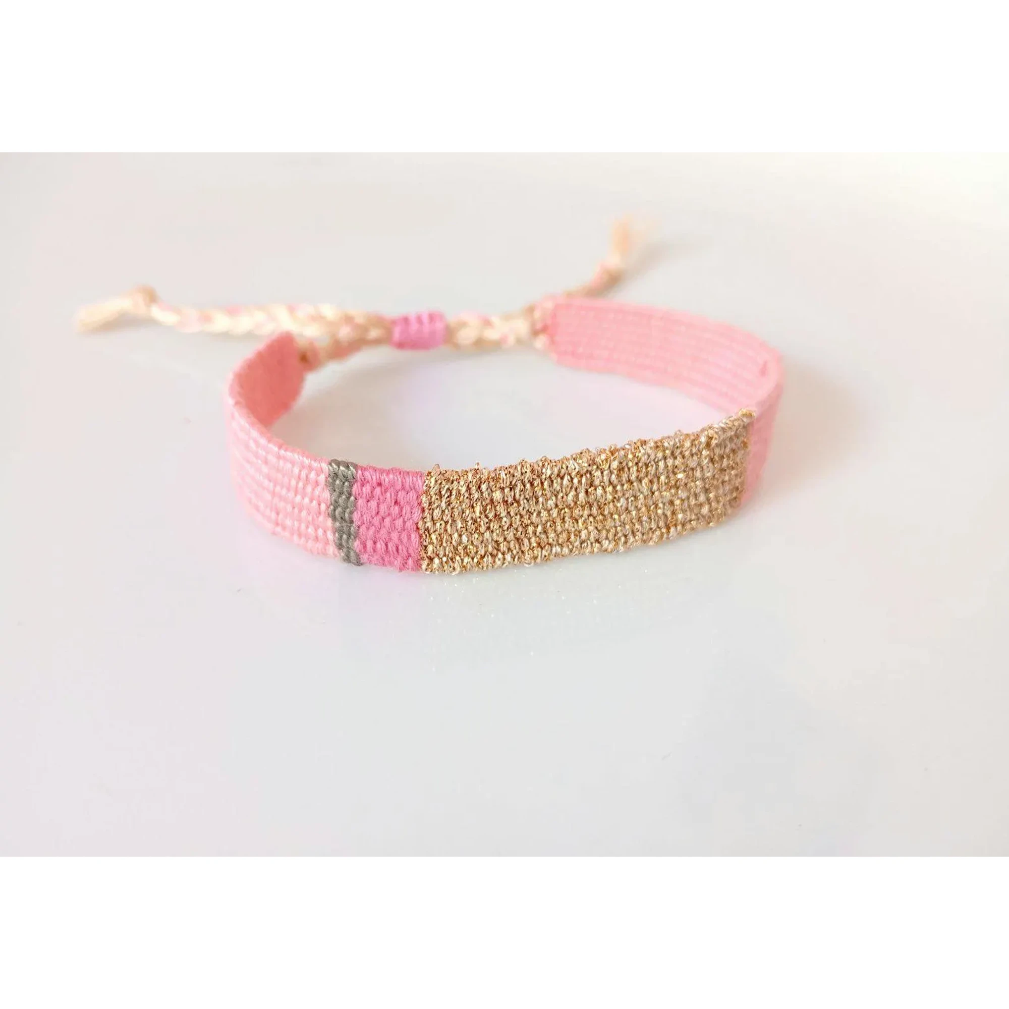 Pink Gold Handwoven Bracelet, Woven Textile Bracelet, Handmade Boho Bracelet, Adjustable Pink String Bracelet, Fiber Art Jewelry