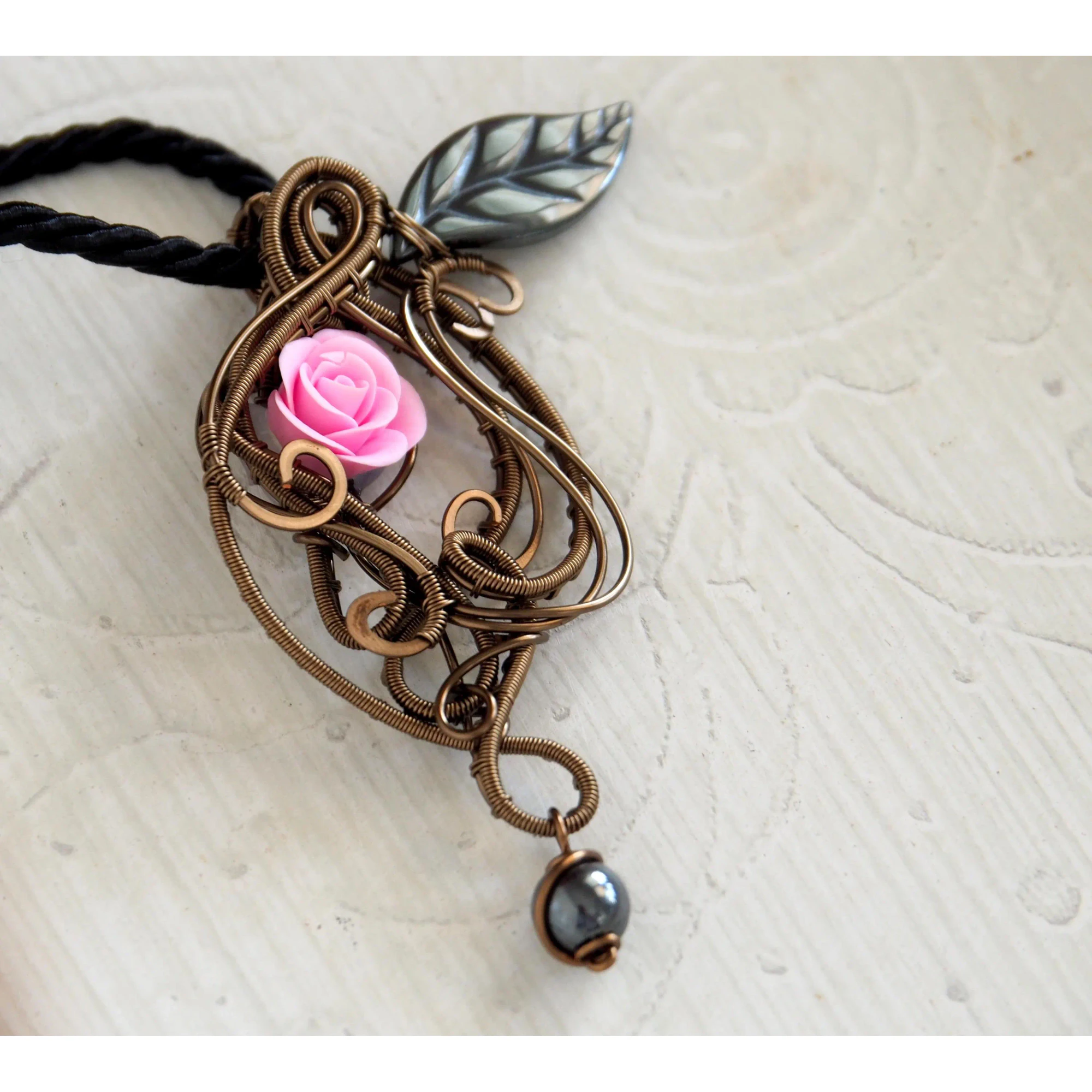 Pink Rose Wire Wrapped Pendant, Hematite Necklace, Handmade Floral Jewelry, Romantic Boho Necklace, Bronze Pendant, Botanical Gift for Her
