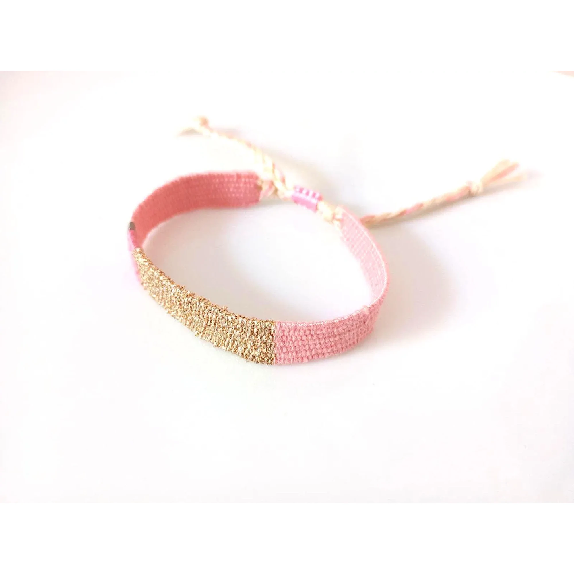 Handwoven Pink Gold Bracelet: Weaving Boho Textile Jewelry