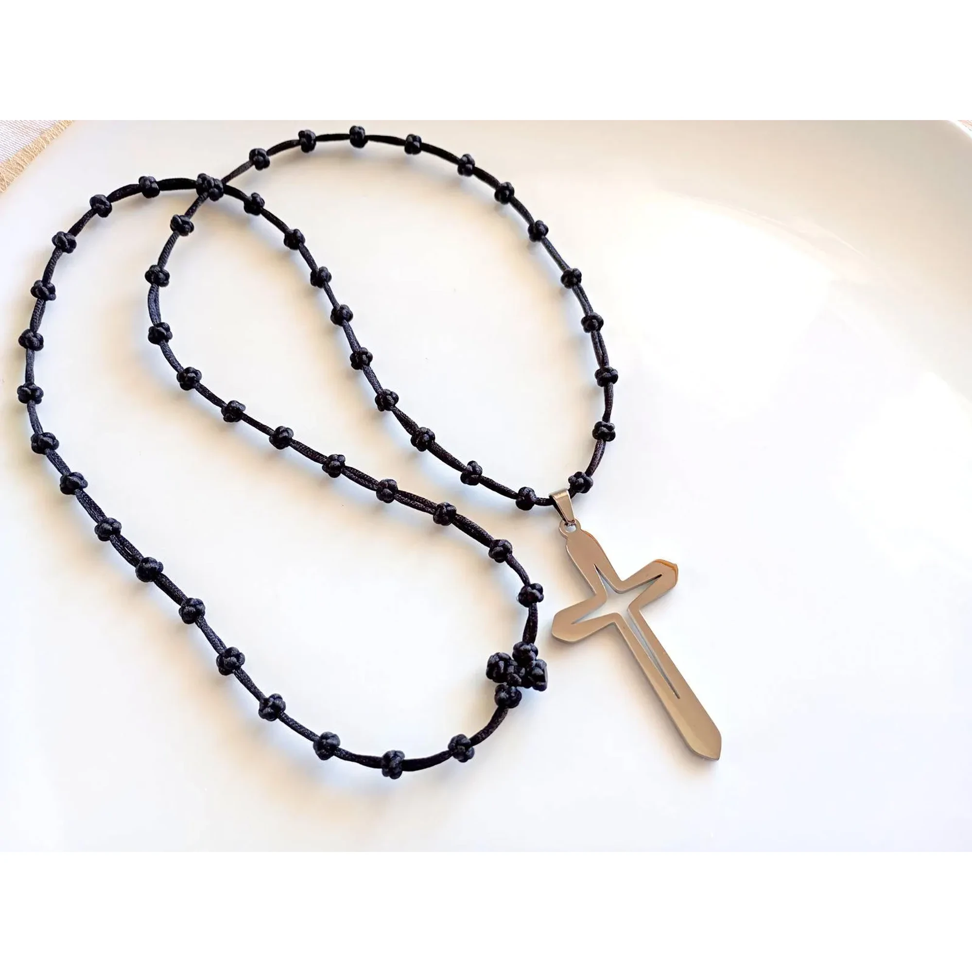Black Orthodox Prayer Rope, 50 Knot Cross Necklace, Christian Prayer Necklace, Greek Orthodox Komboskini, Stainless Steel Cross, Unisex Gift