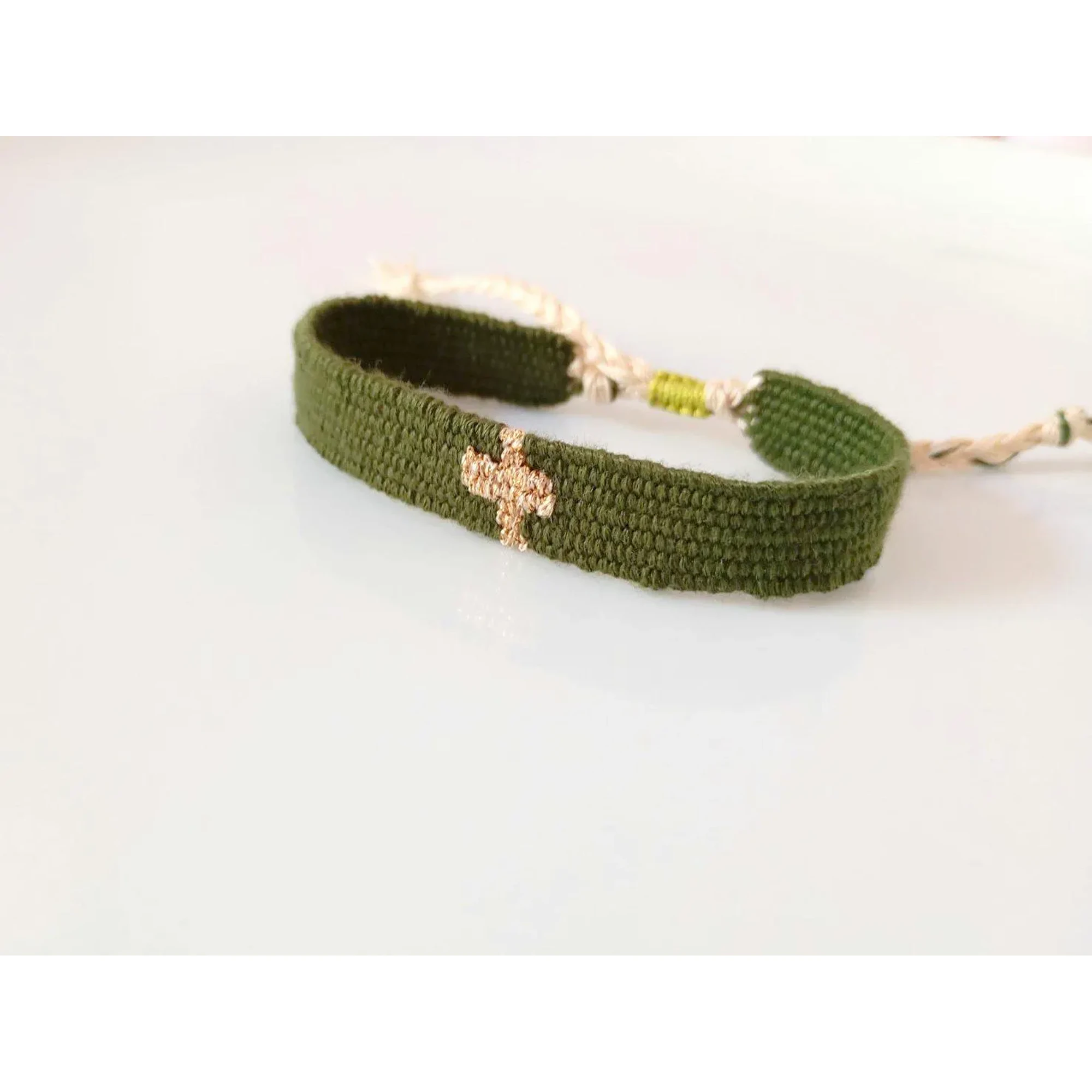 Olive Green Cross Bracelet, Handwoven Textile Jewelry, Gold & Green Woven Bracelet, Christian Bracelet, Boho Fiber Art, Handmade in Greece