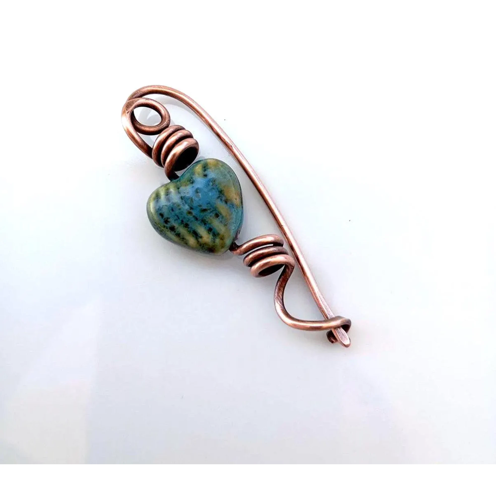 Copper Heart Brooch, Ceramic Cardigan Clip, Handmade Sweater Pin, Scarf Fastener, Rustic Jewelry