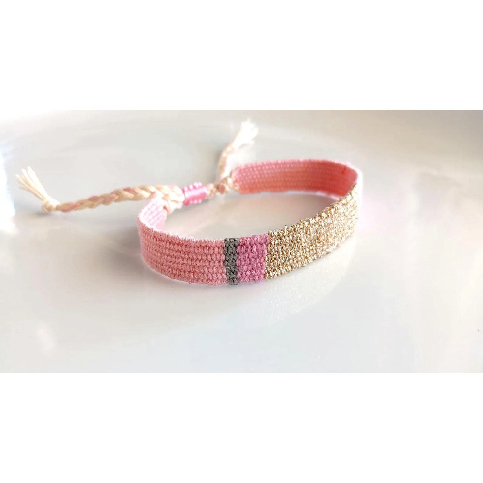 Handwoven Pink Gold Bracelet: Weaving Boho Textile Jewelry