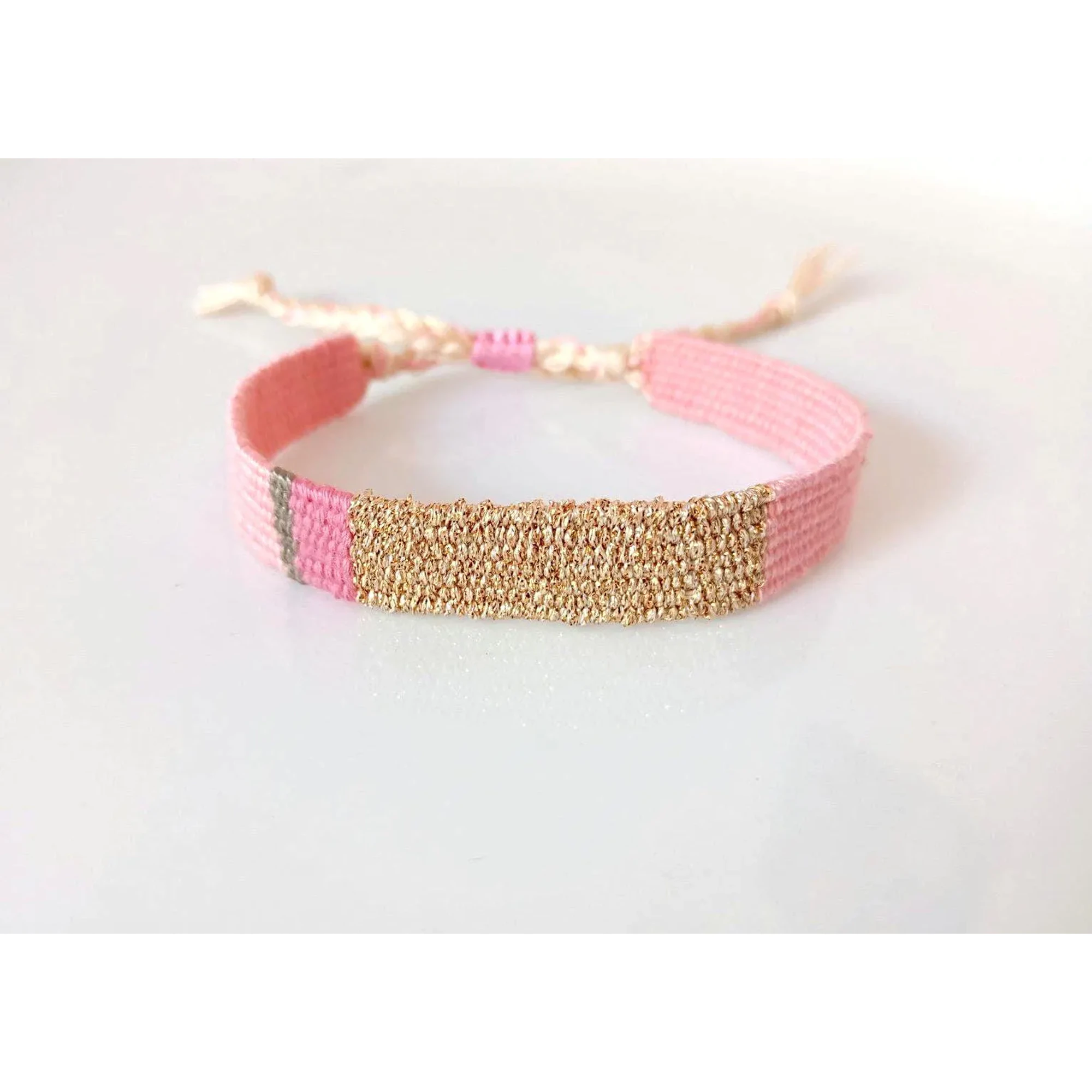 Handwoven Pink Gold Bracelet: Weaving Boho Textile Jewelry