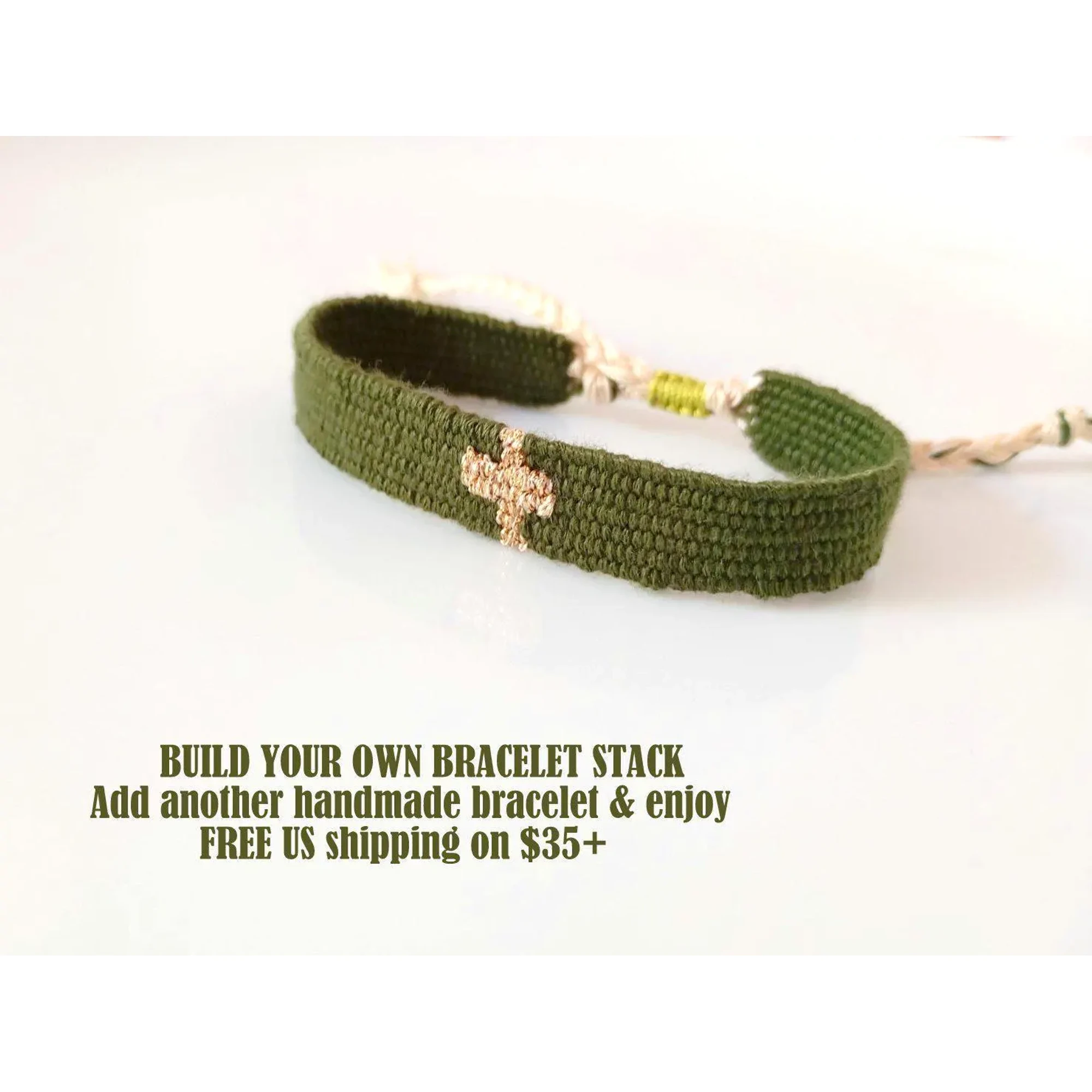 Olive Green Cross Bracelet, Handwoven Textile Jewelry, Gold & Green Woven Bracelet, Christian Bracelet, Boho Fiber Art, Handmade in Greece