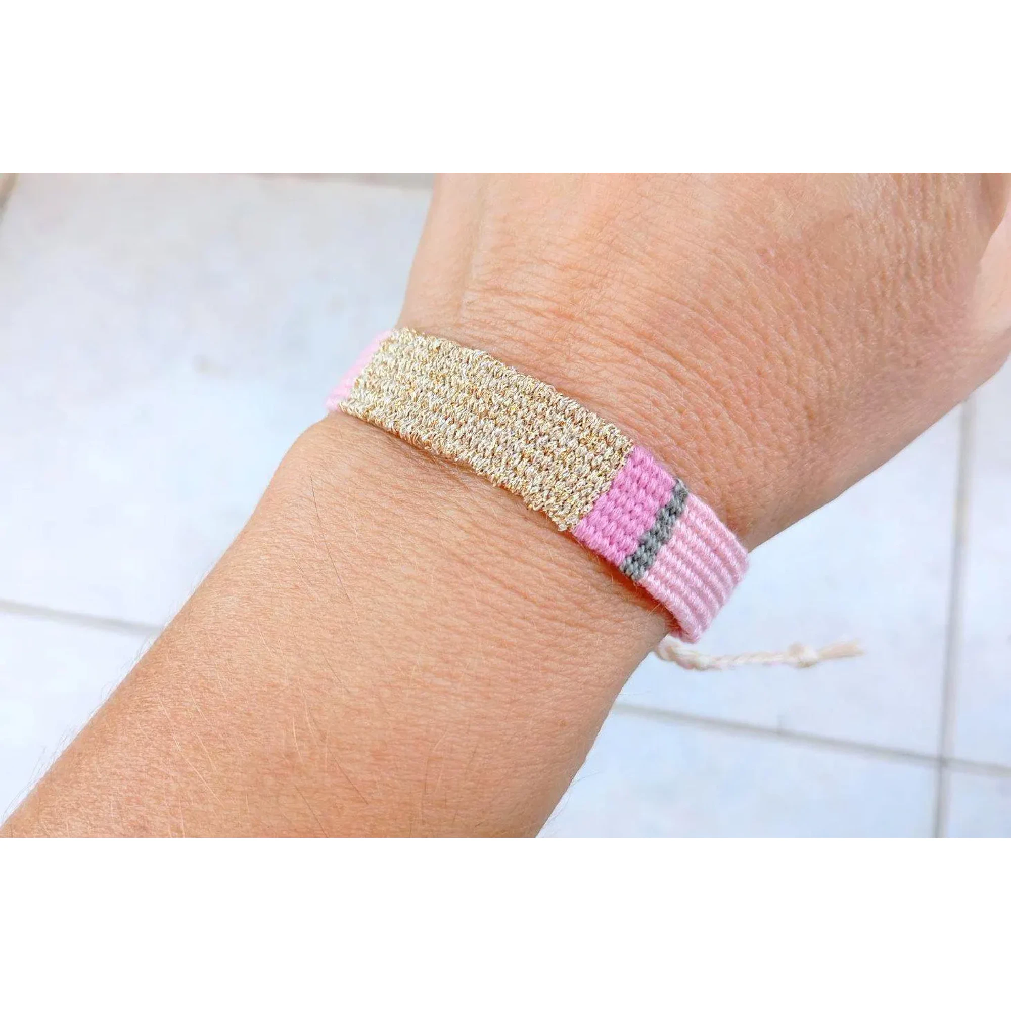 Handwoven Pink Gold Bracelet: Weaving Boho Textile Jewelry