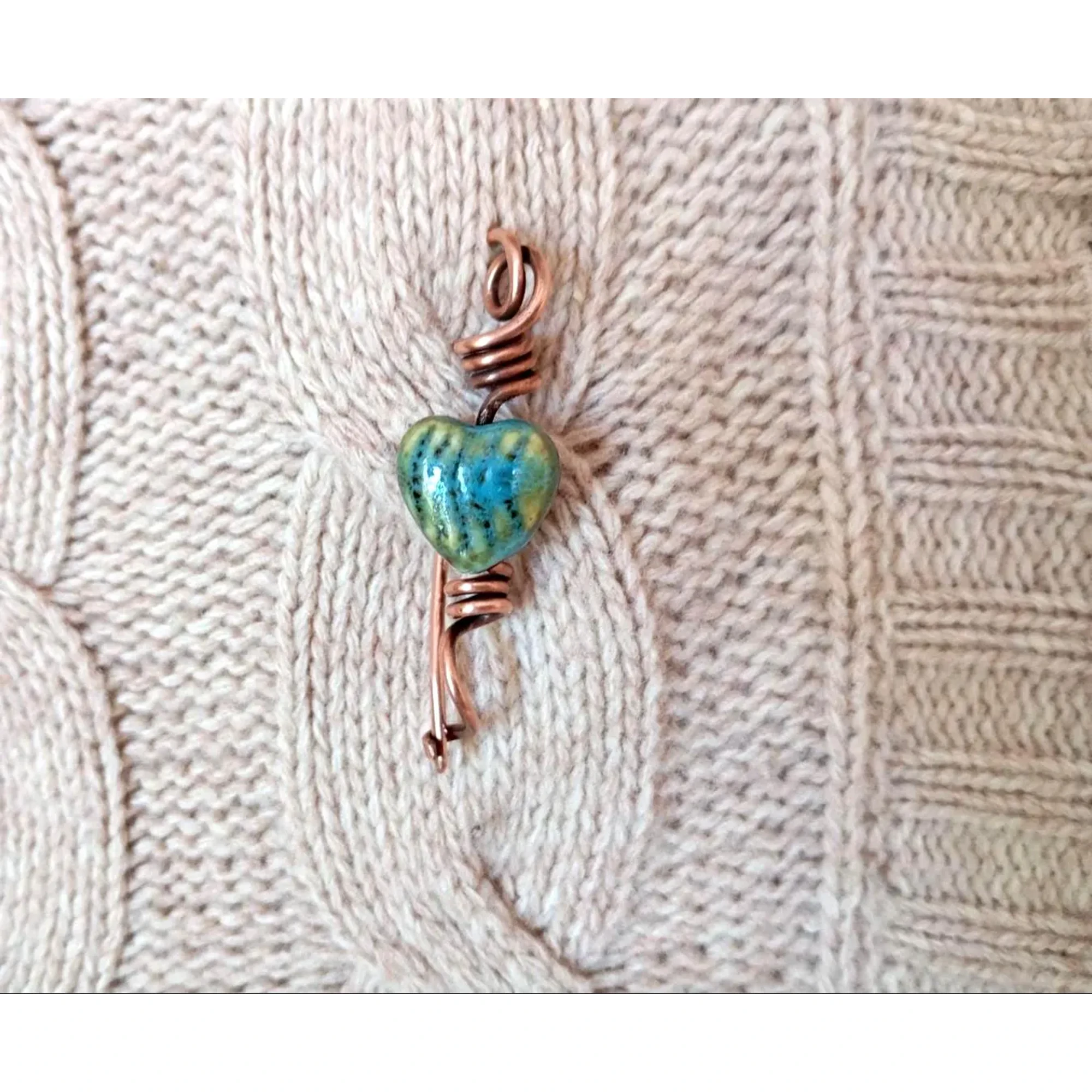 Copper Heart Brooch, Ceramic Cardigan Clip, Handmade Sweater Pin, Scarf Fastener, Rustic Jewelry