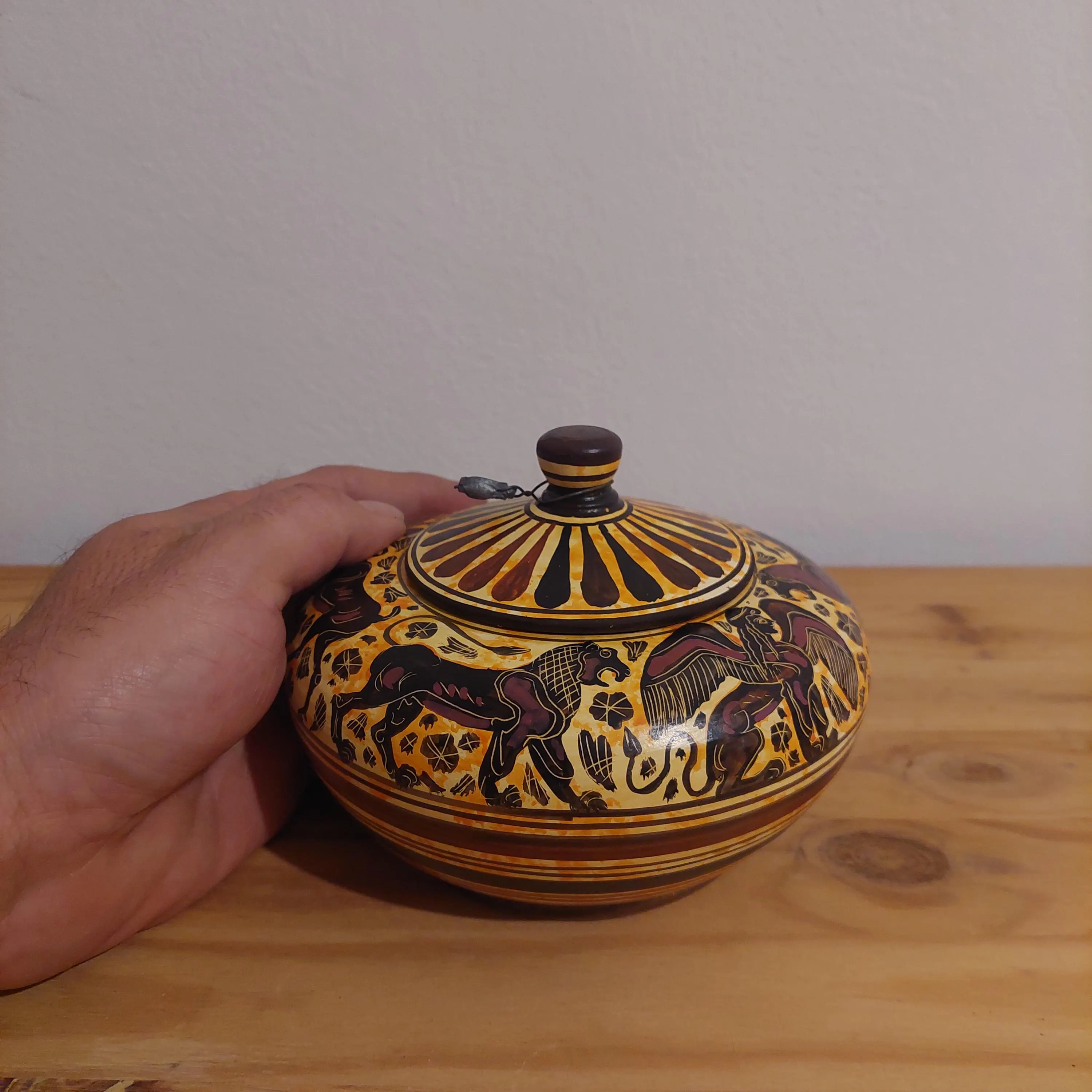 Handmade Corinthian Ceramic Pyxis: Winged Figure & Horse Decor — additional product image 5 from DadArt