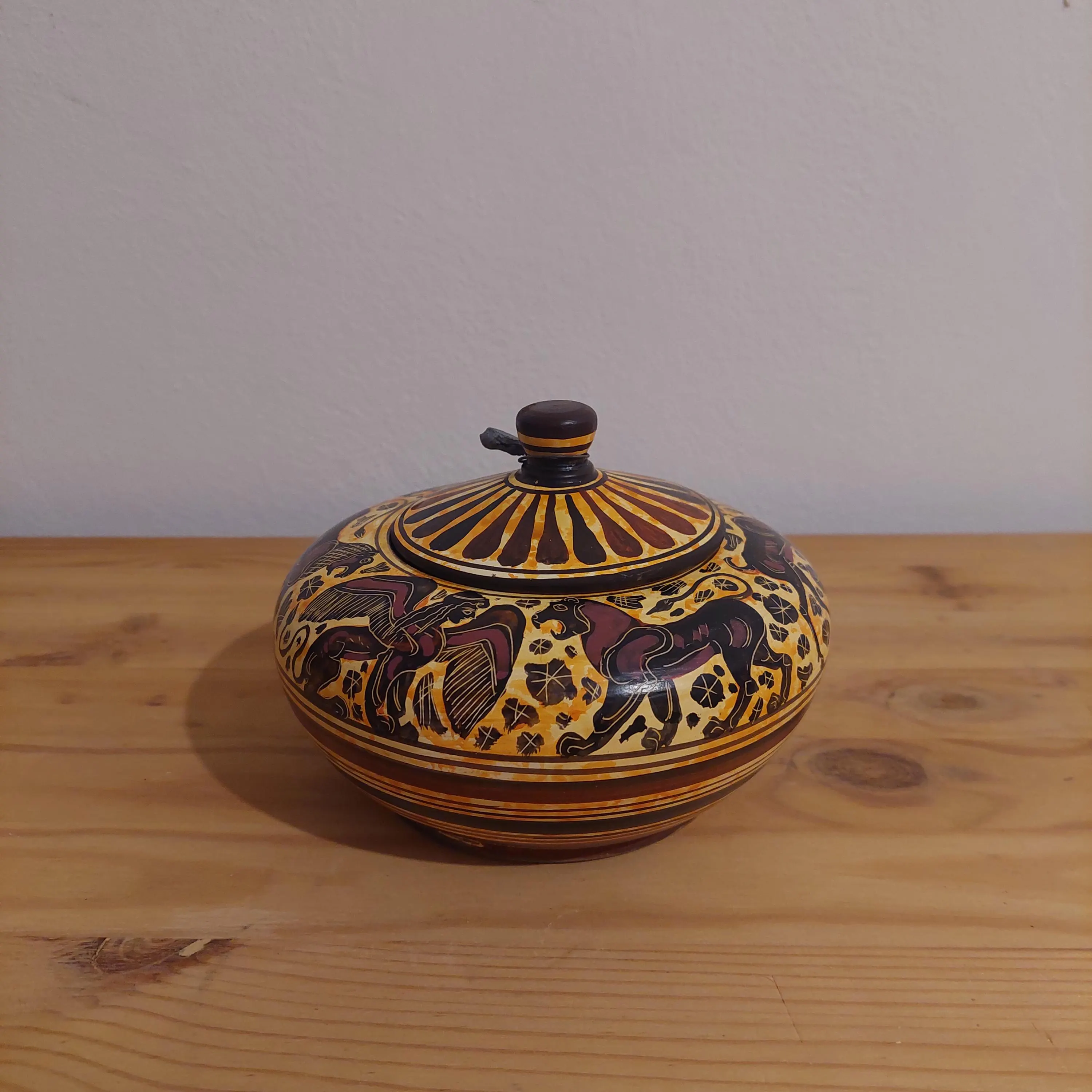 Handmade Corinthian Ceramic Pyxis: Winged Figure & Horse Decor — additional product image 2 from DadArt