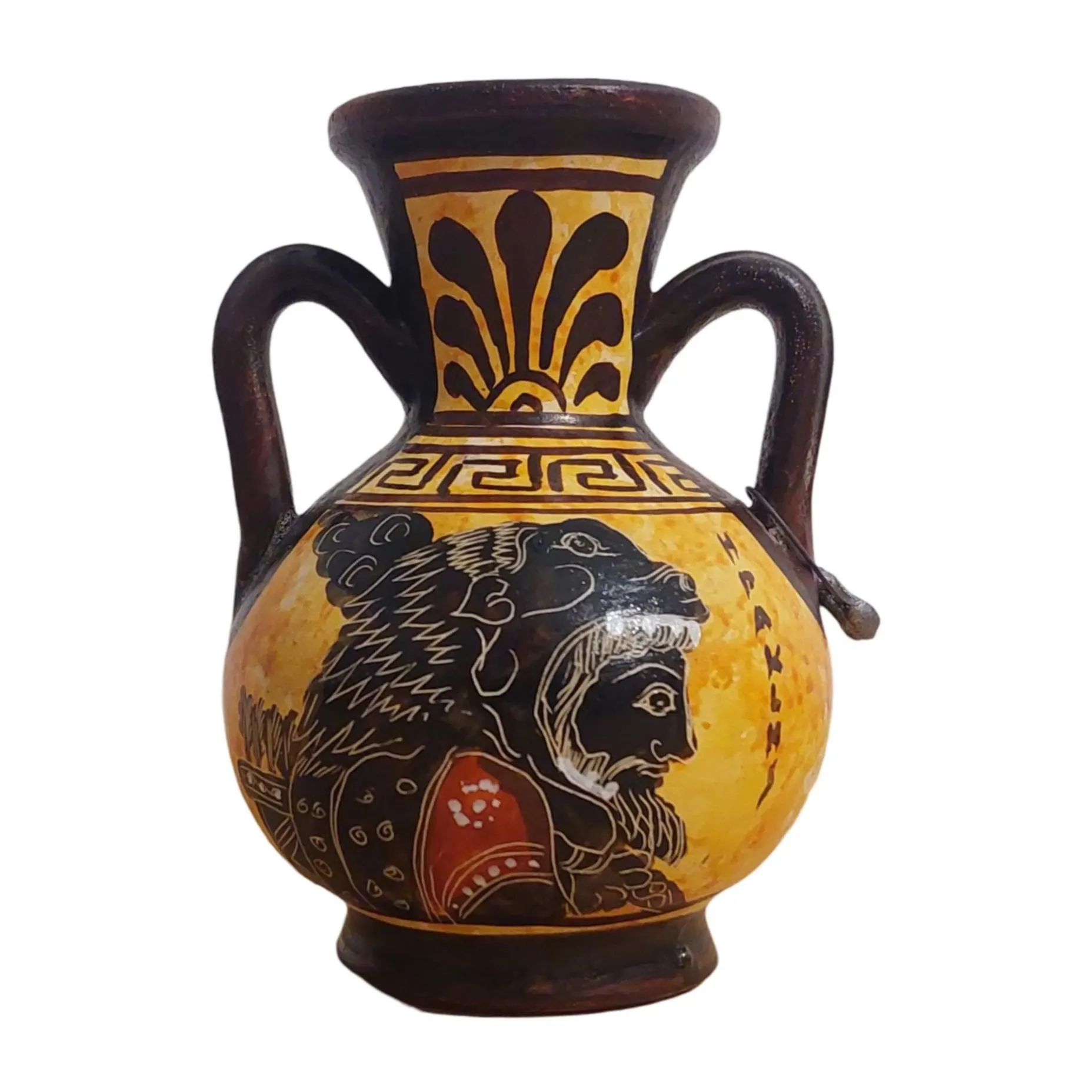Heracles Portrait Vase Handmade Greek Ceramic Pot Red Figure Lion Skin Mythology