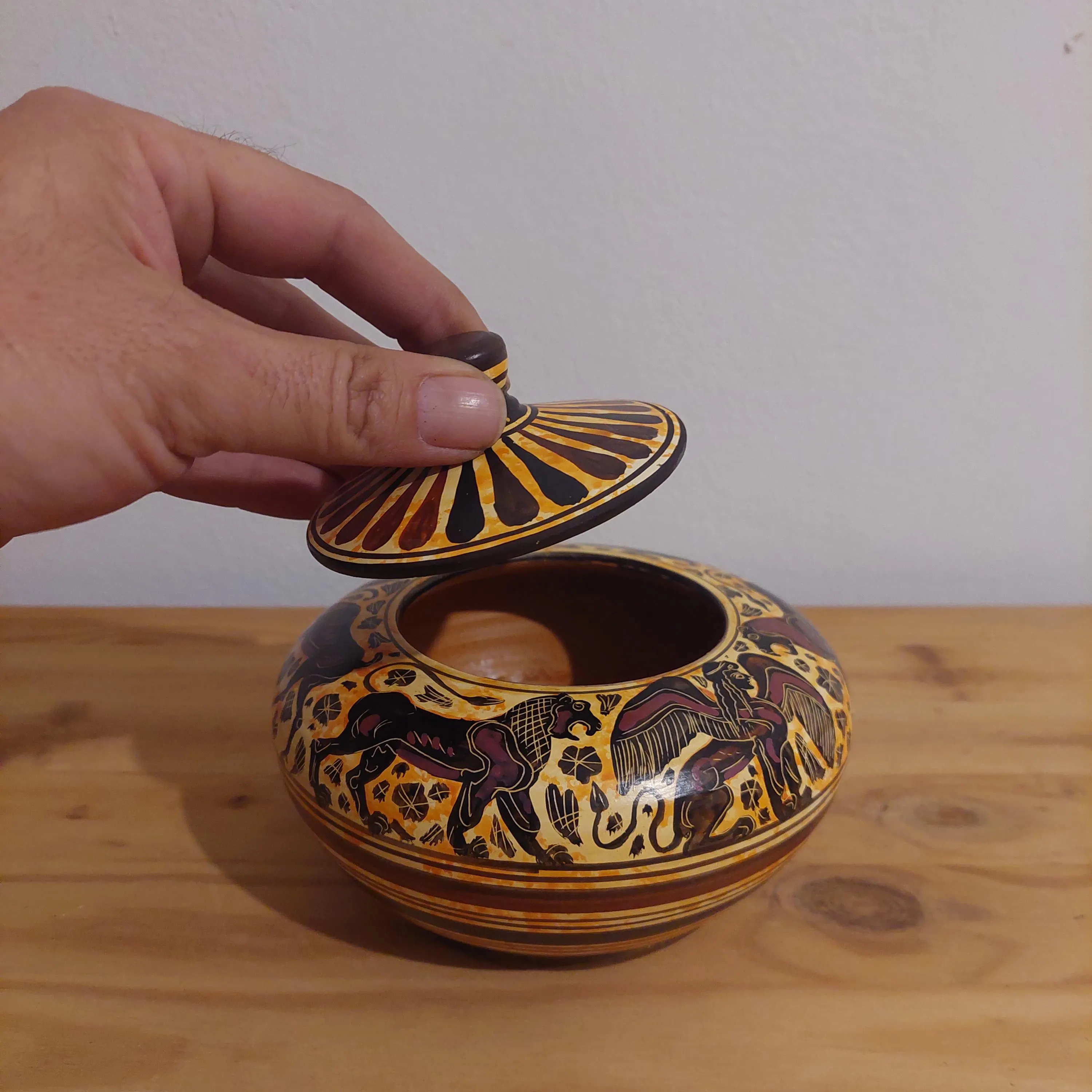 Handmade Corinthian Ceramic Pyxis: Winged Figure & Horse Decor — additional product image 7 from DadArt
