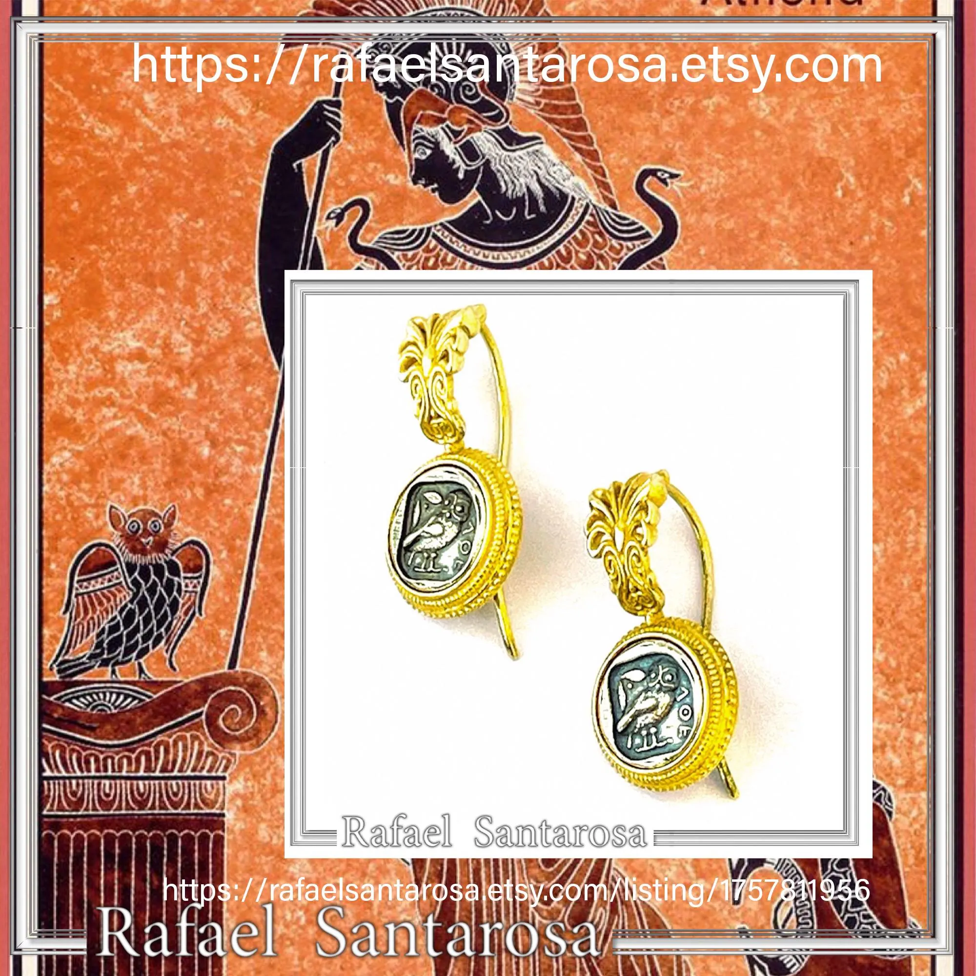 Athena Owl Coin Tetradrachm Antefix Earrings: Oxidised & 18K Gold-Filled Sterling Silver, Museum Replica — additional product image 10 from Rafael Santarosa Fine Jewelry