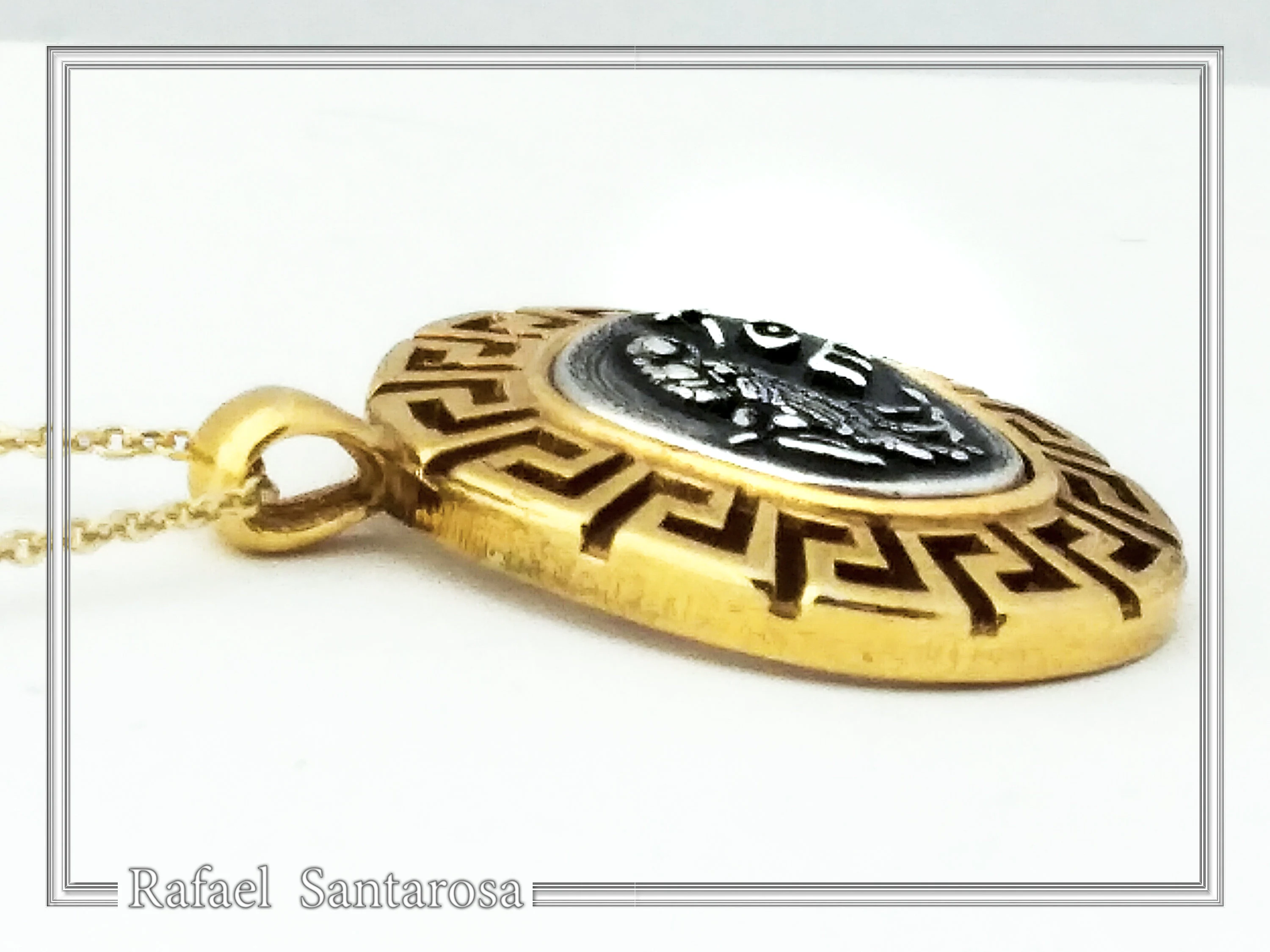 Athena Owl Coin Greek Key Pendant, Museum Jewelry: Oxidized & 18K Gold Filled Sterling Silver — additional product image 6 from Rafael Santarosa Fine Jewelry