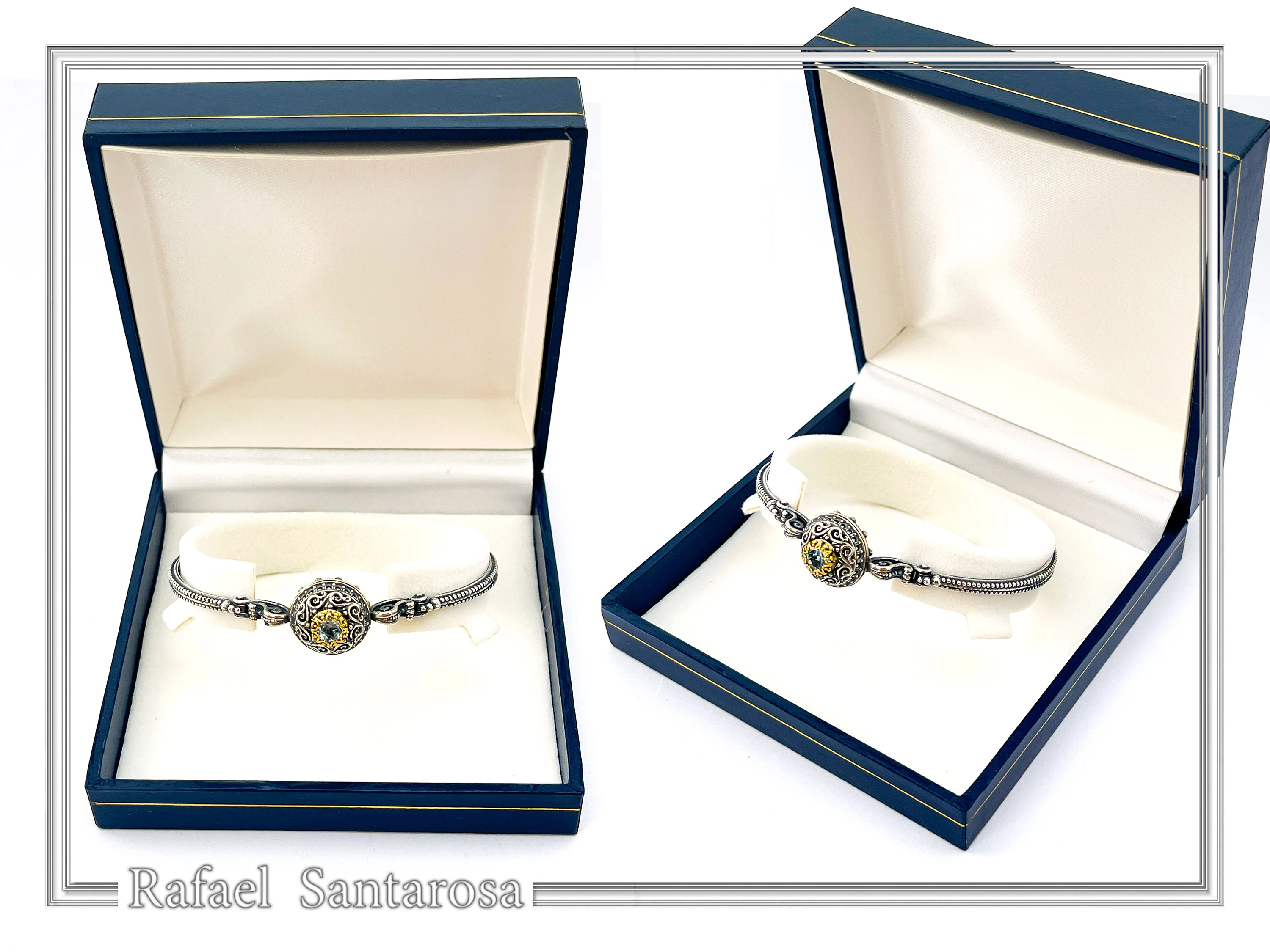 Natural Sky-Blue Topaz Byzantine Bracelet: Oxidised Sterling Silver with 18K Gold Filled Filigree Bezel — additional product image 10 from Rafael Santarosa Fine Jewelry