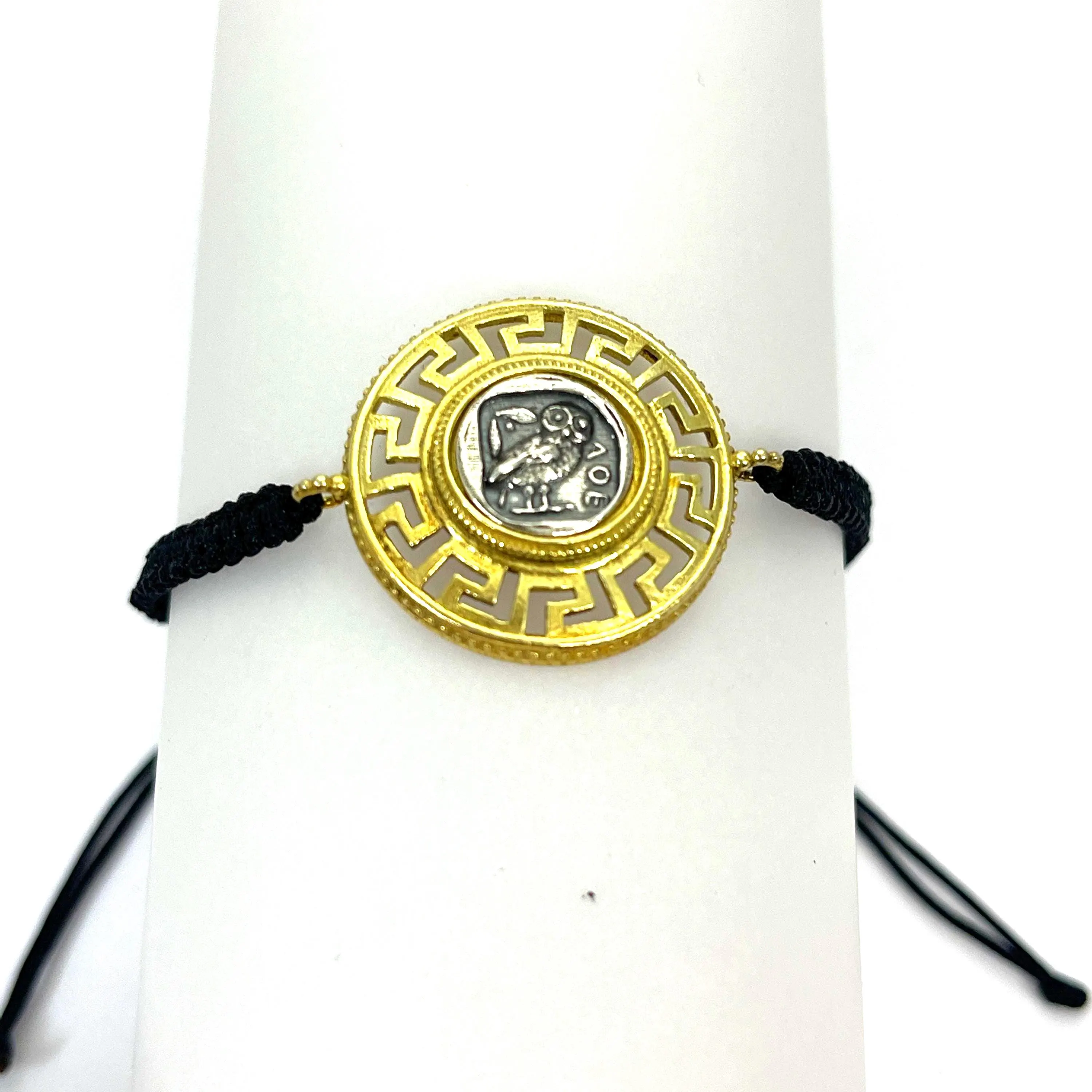 Owl Coin Tetradrachm with Greek Key Macrame Bracelet, 18K Gold Filled & Oxidized Sterling Silver — additional product image 9 from Rafael Santarosa Fine Jewelry