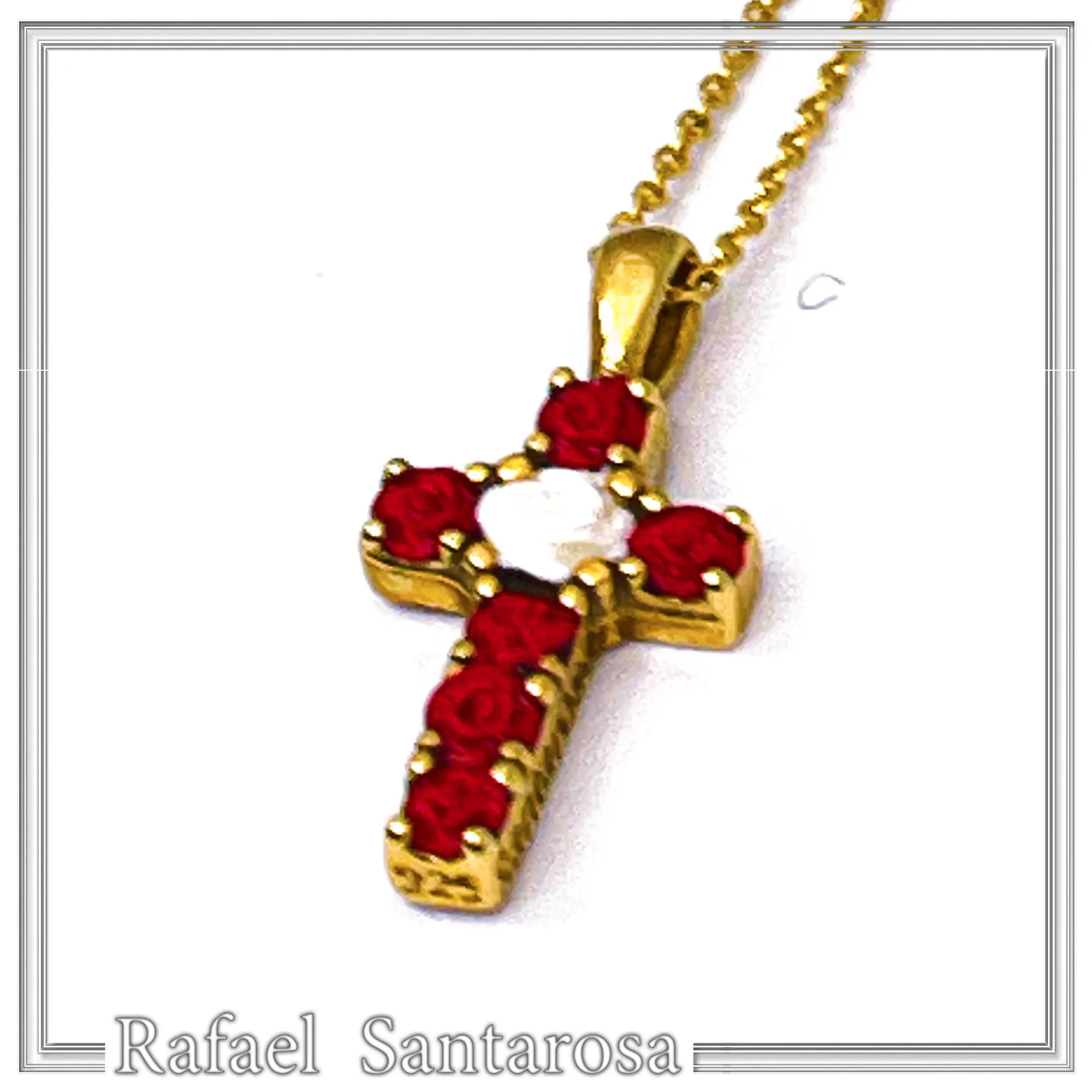 Tiny Cross Necklace: Hand Sculpted Alabaster Rose Flowers 18K Gold Filled Sterling Silver Cross — additional product image 6 from Rafael Santarosa Fine Jewelry
