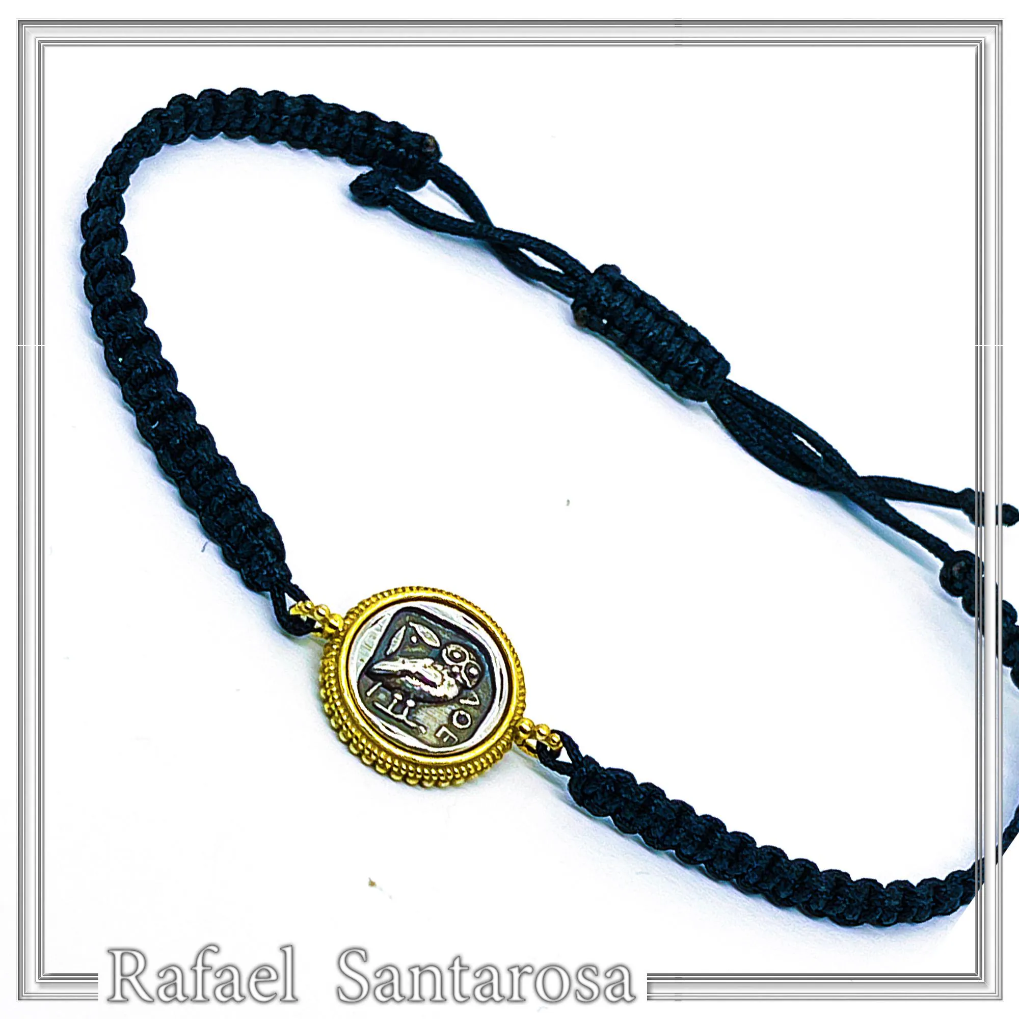 Owl Coin Bracelet Macrame Cord 18K Gold Filigree Base, Oxidized Sterling Silver Tetradrachm coin — additional product image 3 from Rafael Santarosa Fine Jewelry